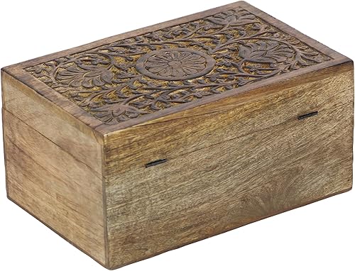 Miniatura 3 de Deco 79 Caja decorativa de madera de mango con diseño floral hecho a mano, cajas de recuerdo decorativas con tapa con bisagras, juego de 3 cajas de