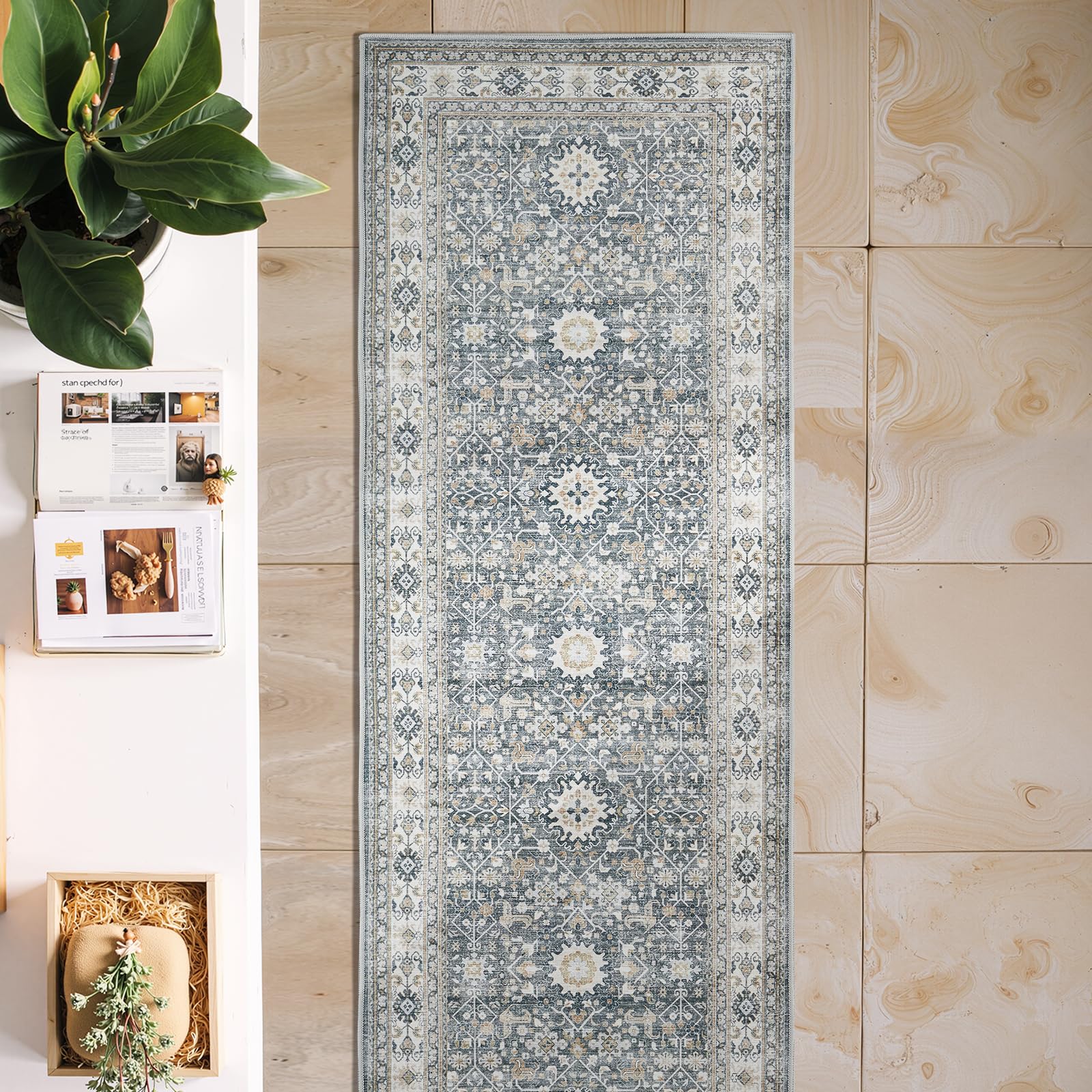 jinchan Runner Rug 2x5 Washable Hallway Rug Distressed Gray Multi Vintage Floral Runner Kitchen Floor Cover Indoor Mat Retro Entryway Living Room