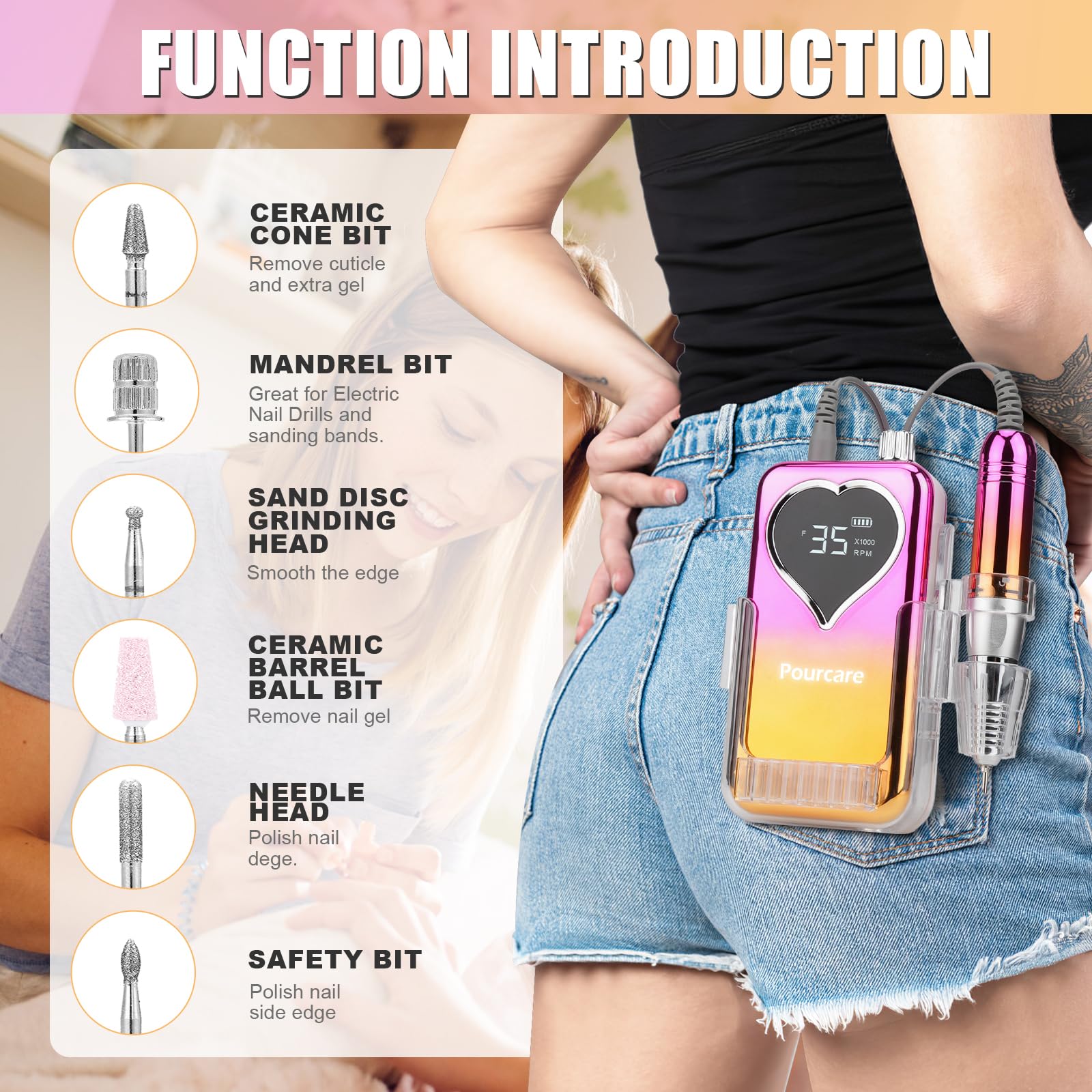 Coffret cadeau de luxe pour nail art : perceuse à ongles électrique dorée 35 000 tr/min avec lampe UV et diamant pour ongles, kit de manucure et pédicure rechargeable (cœur coucher de soleil
