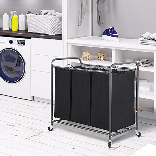 Miniatura 8 de STORAGE MANIAC Clasificador de ropa sucia de 3 secciones, carrito de 3 bolsas con ruedas enrollables resistentes y bolsas extraíbles, organizador de