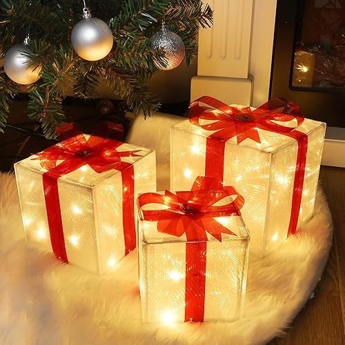Juegoal Cajas de regalo de PVC iluminadas de Navidad, decoración de falda de árbol de Navidad preiluminada, adorno de falda de árbol de Navidad,