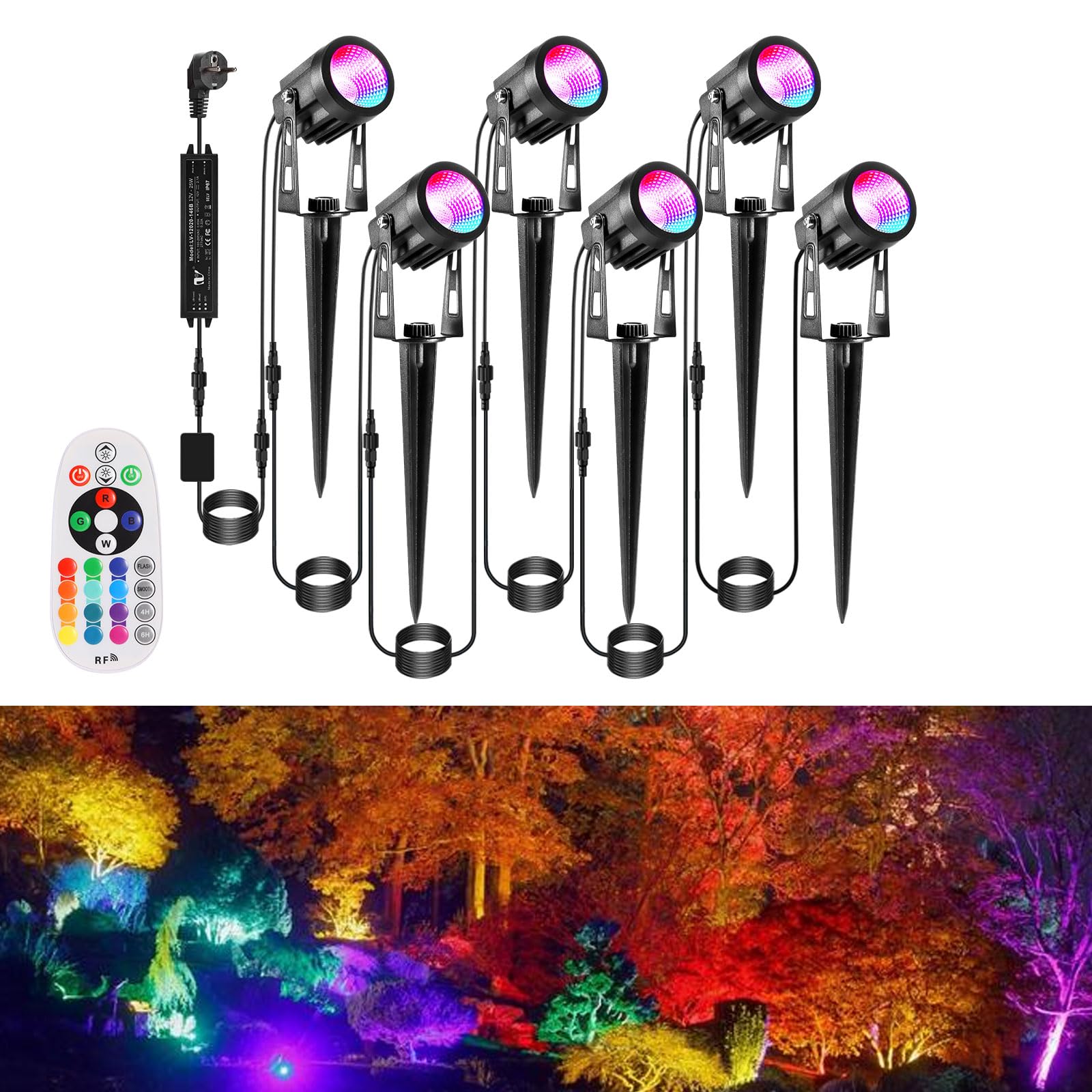RGB Gartenleuchte 21m 6er Bunt Gartenstrahler mit Strom Erdspieß 12V 3W 1800lm Farbig Gartenbeleuchtung IP65 Wasserdicht LED Gartenlampe mit Fernbedienung Timer für Garten Rasen Yard Zaun