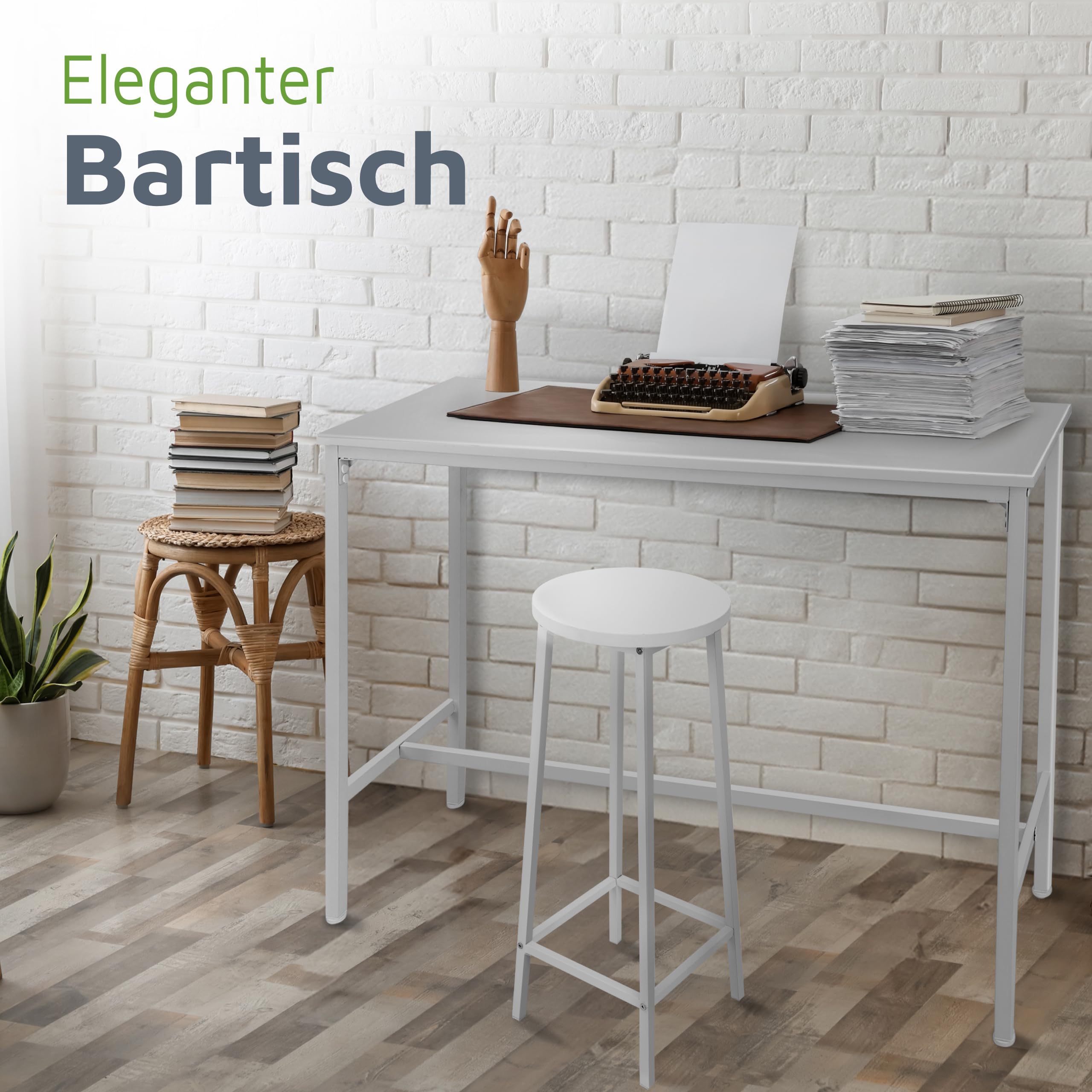BeFair Bartisch Sven – Moderner Hochtisch 120x40x100 cm, Stehtisch mit Metallgestell für Küche, Hausbar, Partykeller & Gastronomie, Industrial Design, Weiß