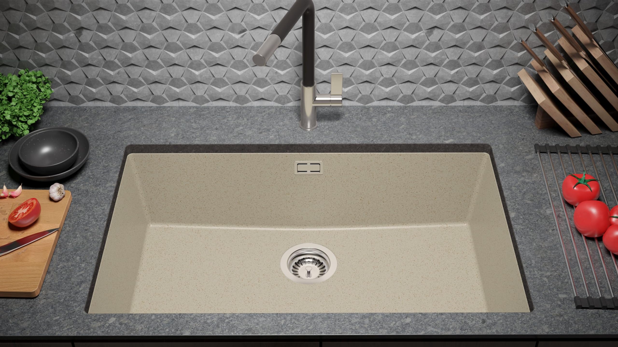 PRIMAGRAN Evier sous Plan Beige - London, 76x47cm | Evier en Granit 1 Bac + Robinet 32x20cm + Kit d'accessoires, Évier au Meuble 80cm (S493)