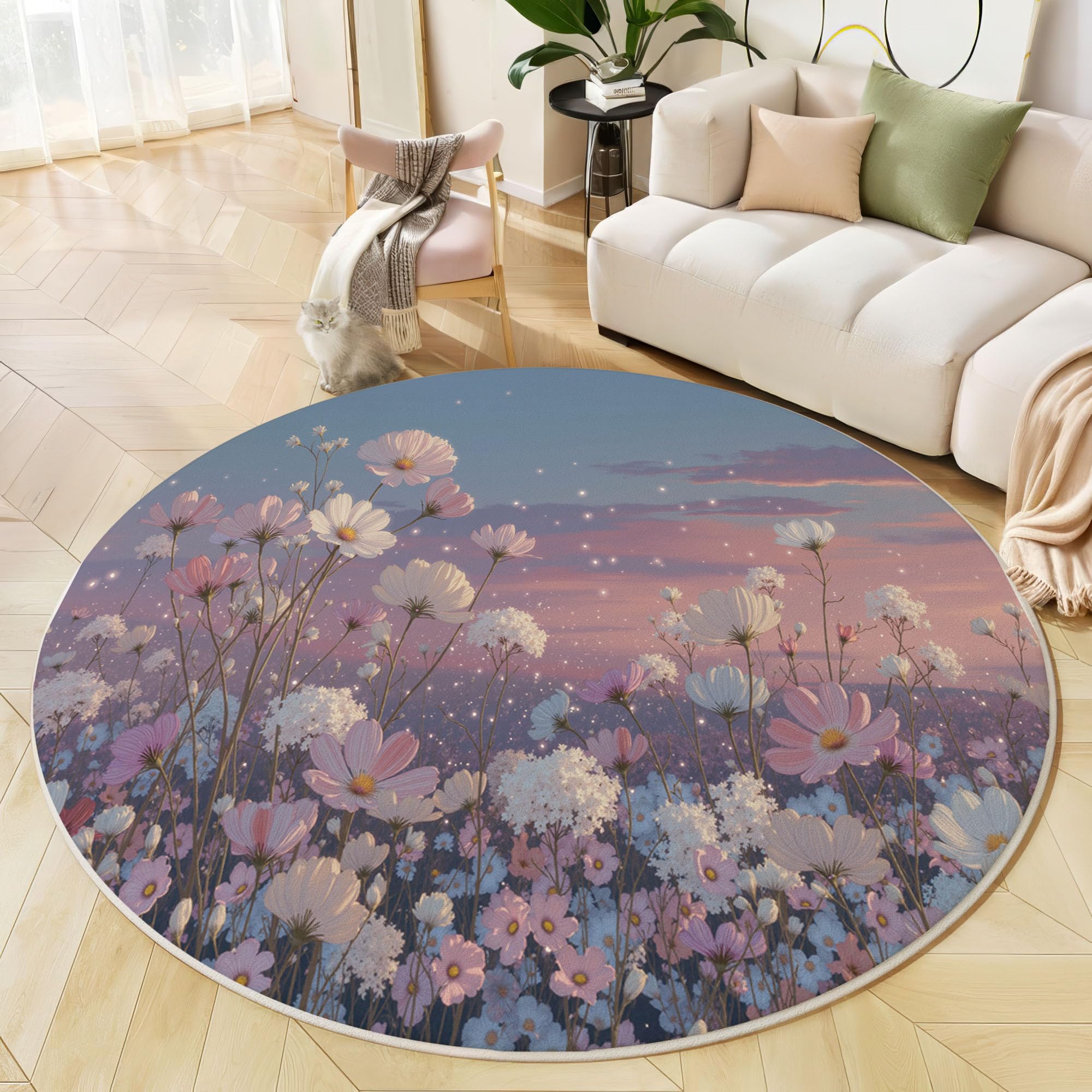 Tapis Rond De Chambre D'Enfant 160 Cm - Fleurs Romantiques Au Clair De Lune Bleu Poudré - Motif Plantes Oniriques - Moelleux Et Antidérapant - Tapis De Salon À Poils Courts - Lavable - Moderne Doux