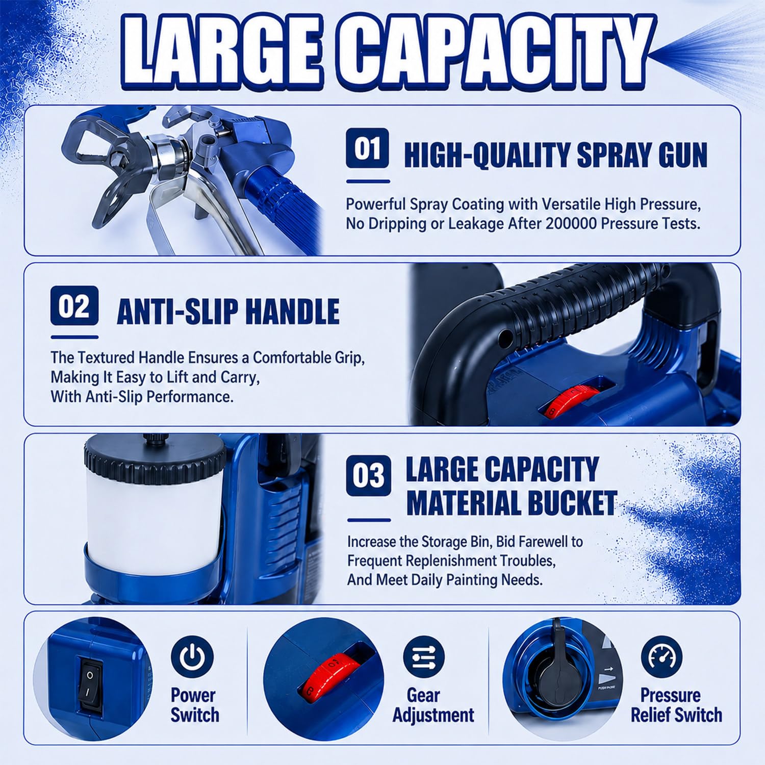 Pistola De Pintura Electrica,Maquina De Pintura Airless,Pistola De Pintar | Capacidad De 1.2 L, Barra De Extensión De 30 Cm, Presión De 12.5 Mpa, Presión Ajustable En 6 Niveles, Caudal De 2 L/Min