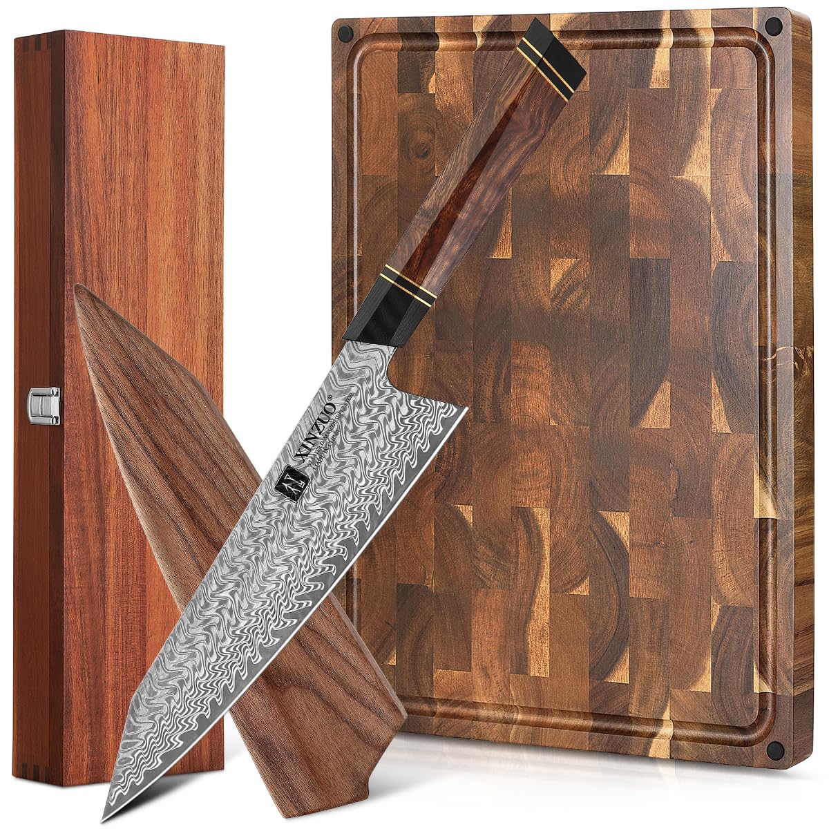 Couteau de chef Damas et planche de cuisine stable pour ne plus écraser vos aliments
