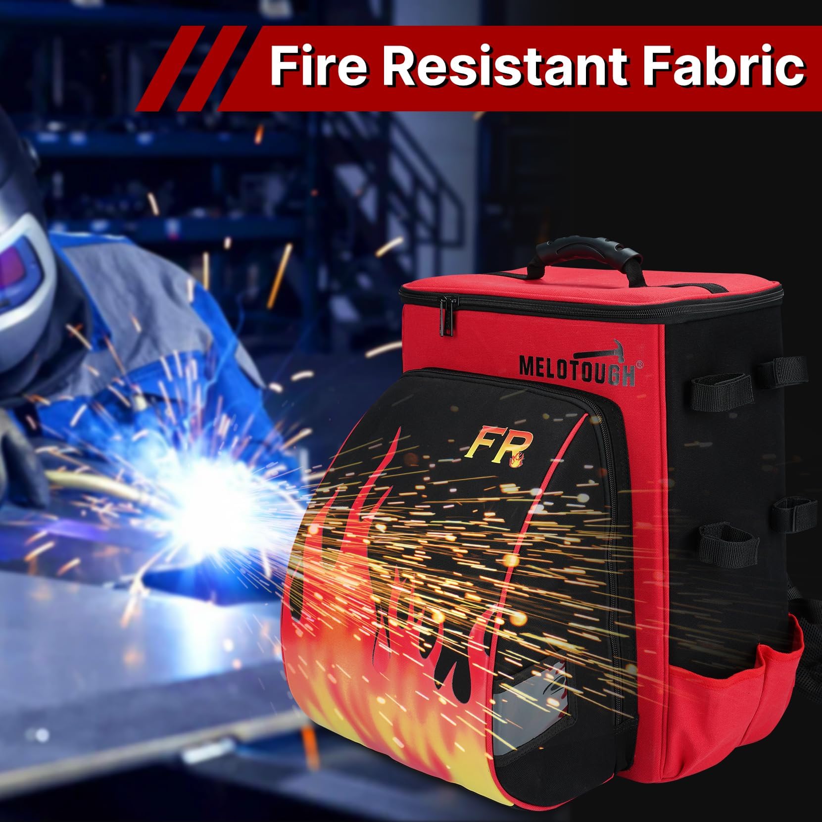 MELOTOUGH Mochila de soldadura de tela resistente al fuego, 32,56 L, bolsa de soldadura de gran capacidad para herramientas y casco, mochila de soldador multiusos con almacenamiento múltiple y