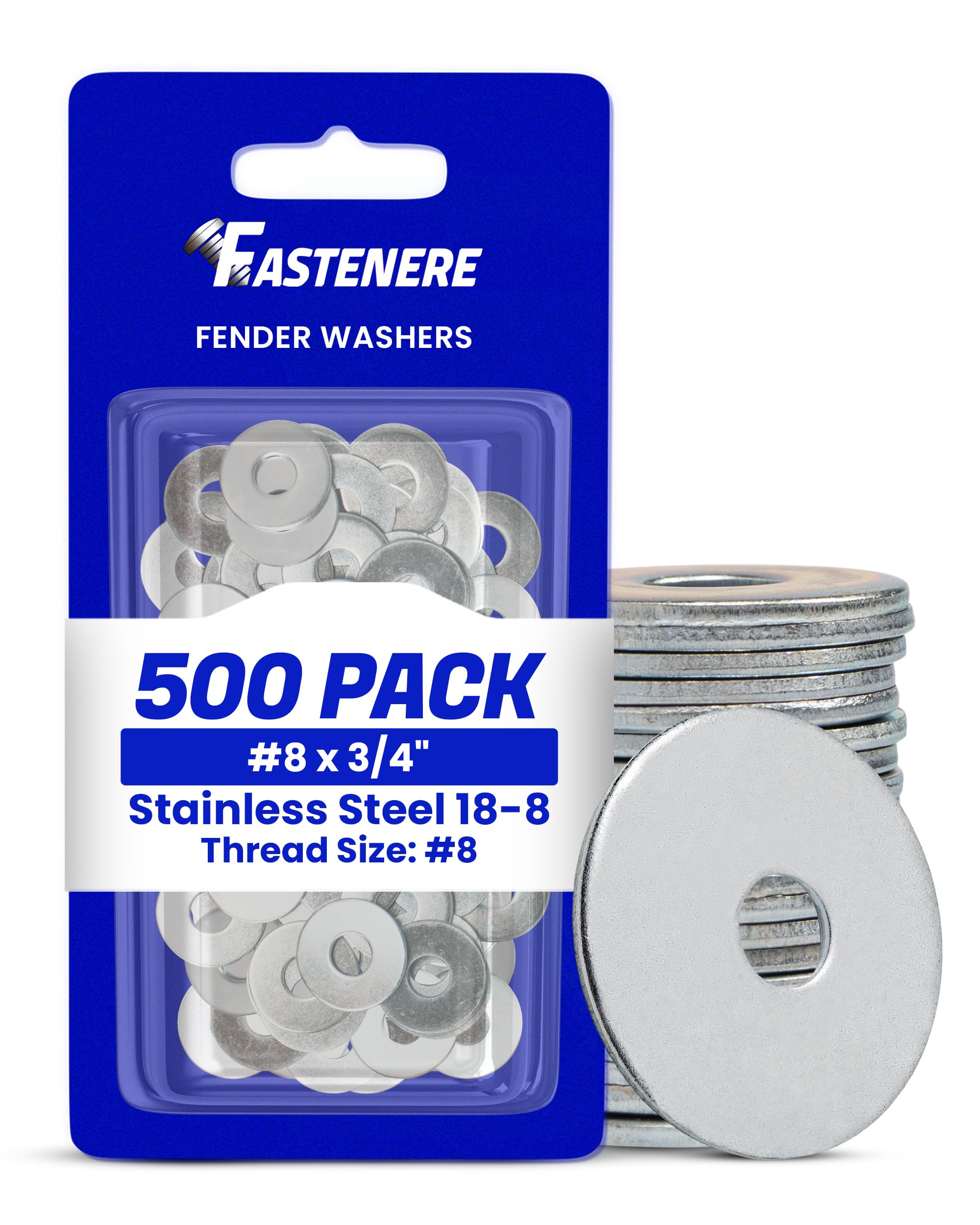 Fastenere Fender Washers #8 x 3/4" (500 Pack), Large Diameter, 18-8 Stainless Steel Plain Finish, Corrosion Resistant, High Tensile Strength Metal