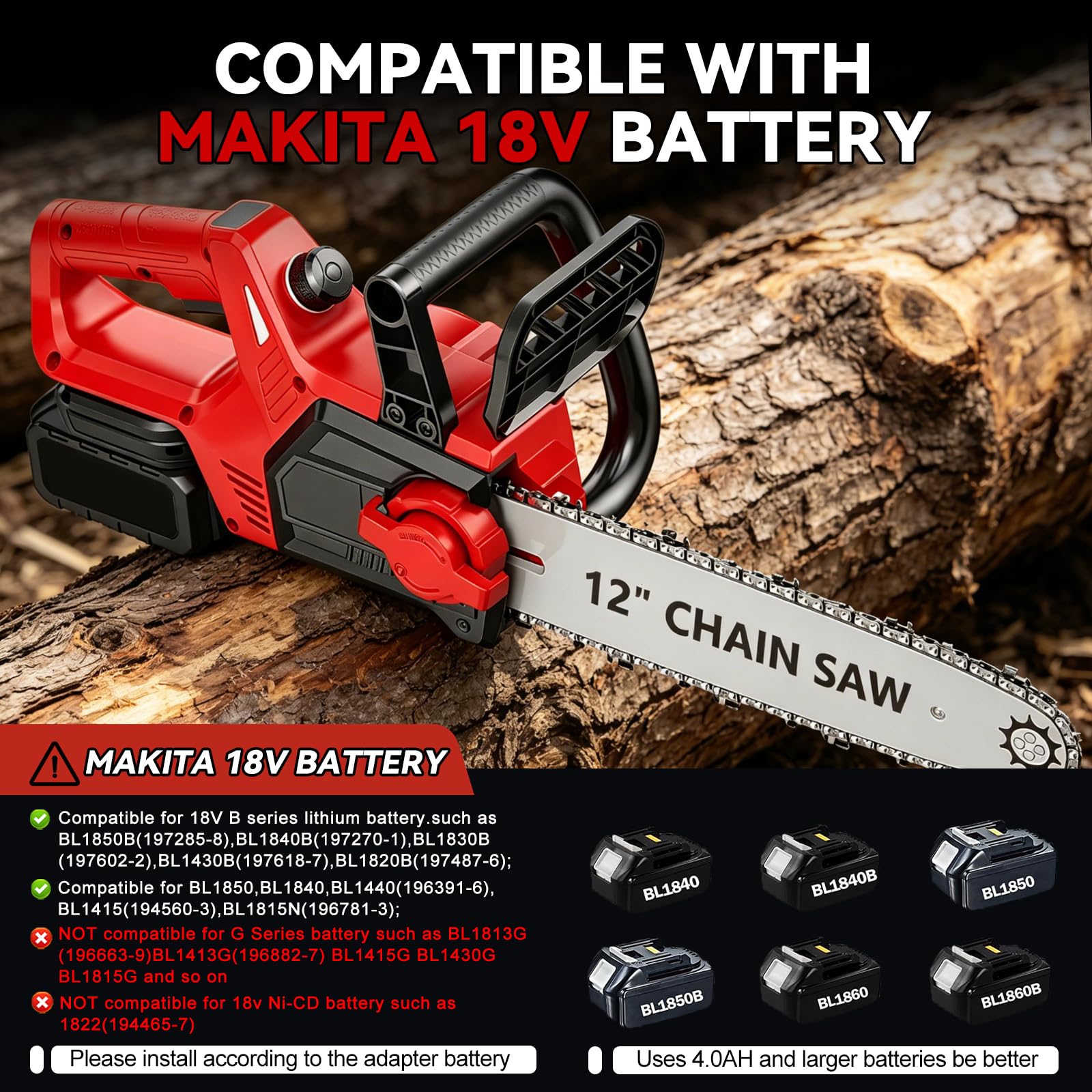 Motosega a batteria da 12 pollici, 1200 W, senza spazzole, con 2 batterie da 4000 mAh, motosega a batteria con olio automatico e catena di ricambio, sega a mano per cesoie da giardino, cesoie da