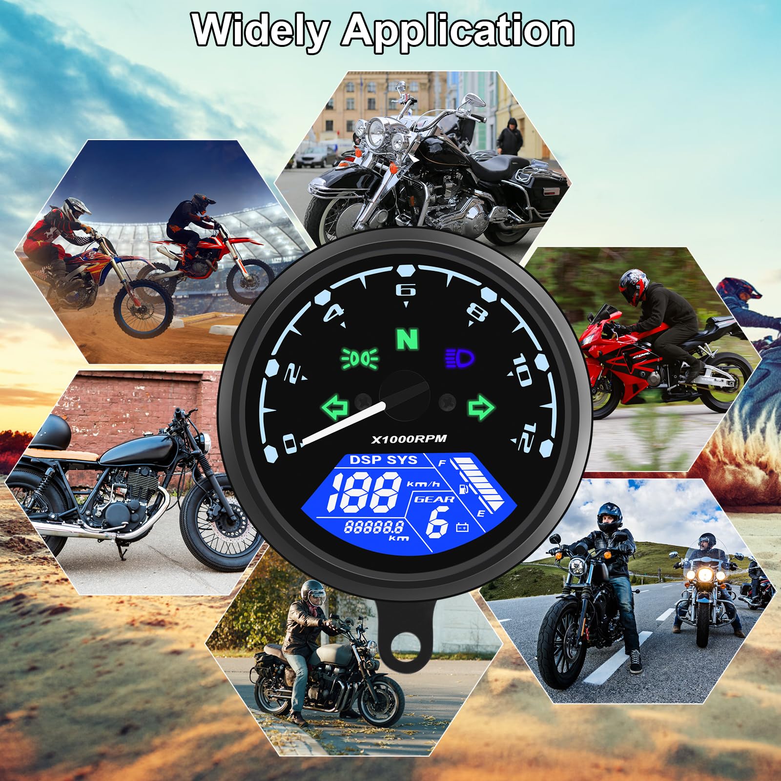 Geloo Velocímetro digital para motocicleta, velocímetro digital, tacómetro 12000 RPM 199 KMH MPH universal para cilindros 1,2,4 con luz indicadora multifunción 12 V