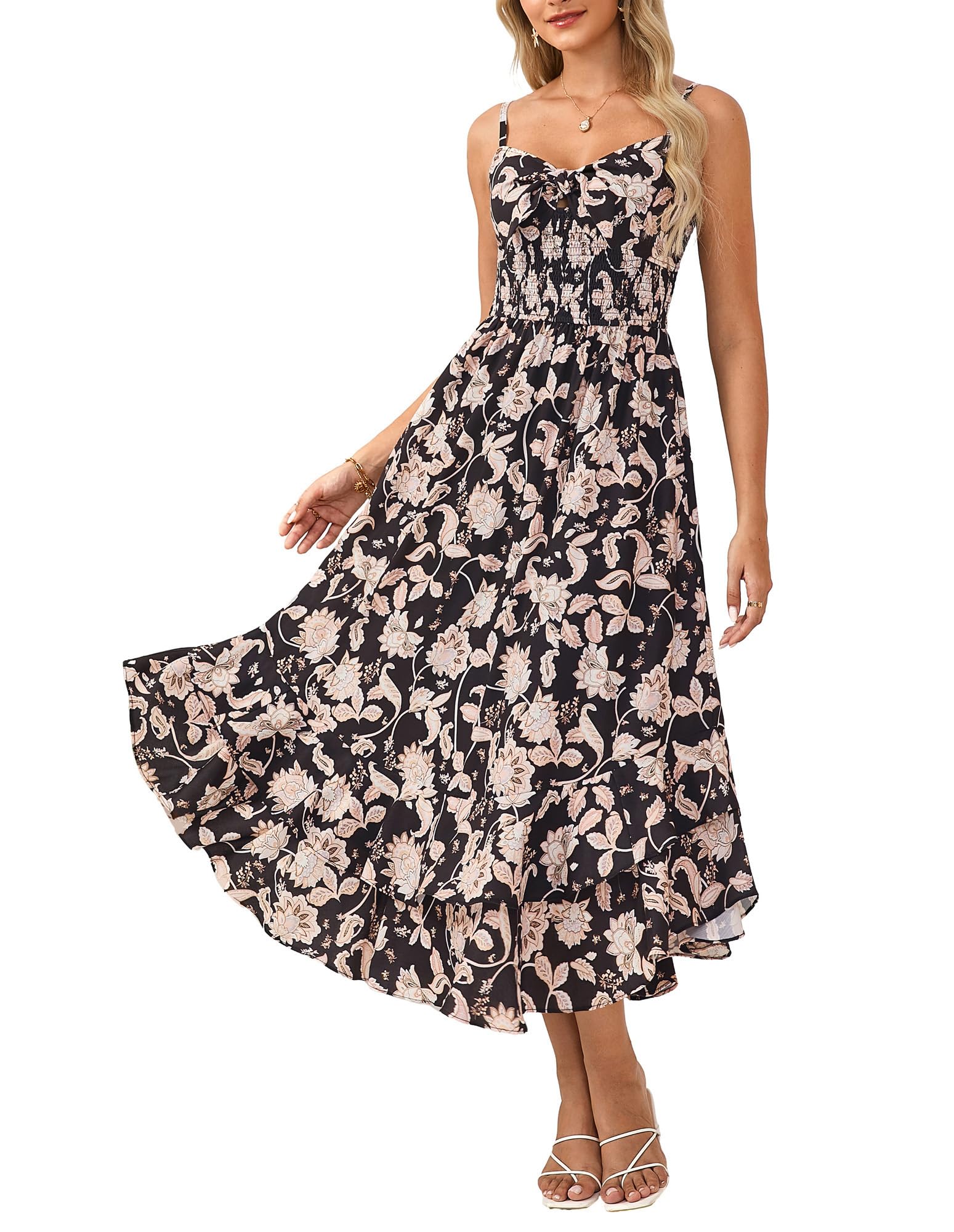 GRACE KARIN Sommerkleid Damen Kleid Maxikleid mit Spaghettiträgern A-Linien Boho-Blumenkleid Party Prom Holiday Beach