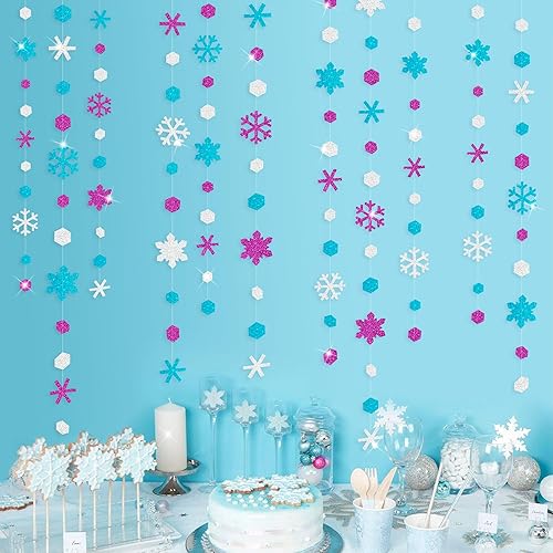 Miniatura 10 de Decoración de fiesta de copos de nieve iridiscentes de 40 pies, guirnalda holográfica de copos de nieve grandes, telón de fondo para invierno, país