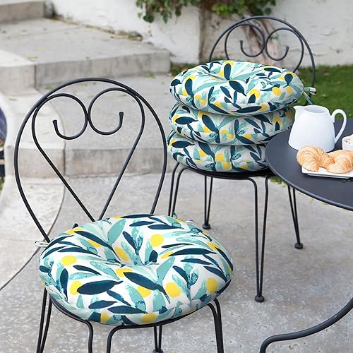 Miniatura 4 de LVTXIII Juego de 2 cojines de asiento de bistró para exteriores para todo tipo de clima, con lazos, cojines redondos esponjosos para sillas redondas