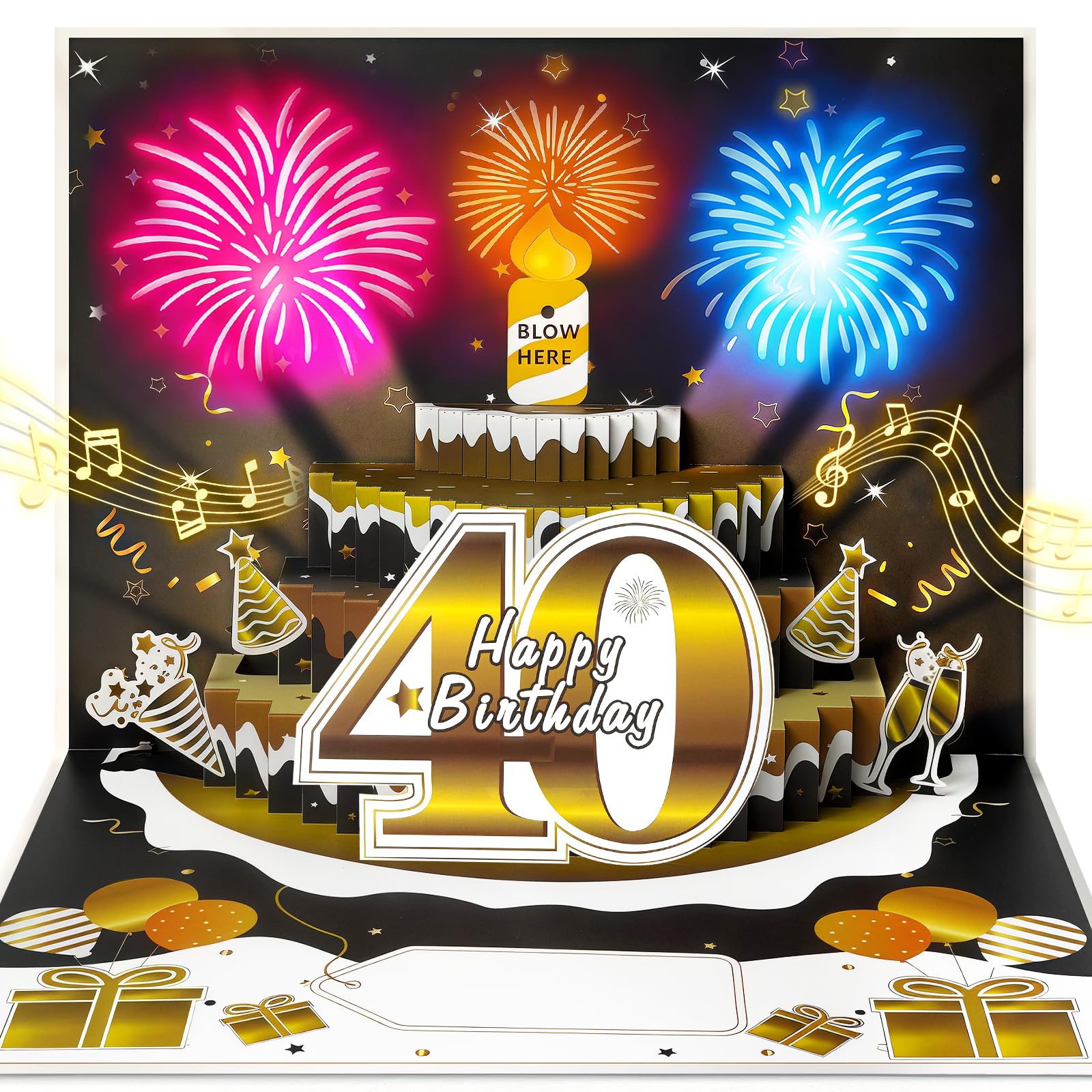 YianHien 40th Birthday Card for Men, Musical Birthday Card with Blow Out LED Candle & Light Up Fireworks, Pop Up Singing Birthday Card Decorations, 40th Birthday Gifts for Men