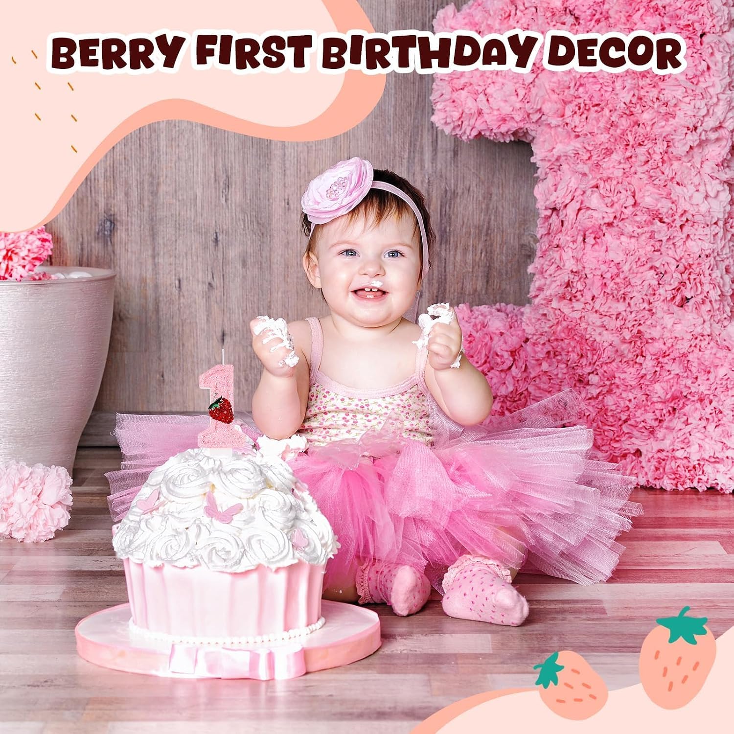 Strawberry Number 1 Candle Pink 1 Candle Berry One Glitter Cake Topper First Birthday Party Supplies for Girl's 1st Birthday Strawberry Theme Party Decoration