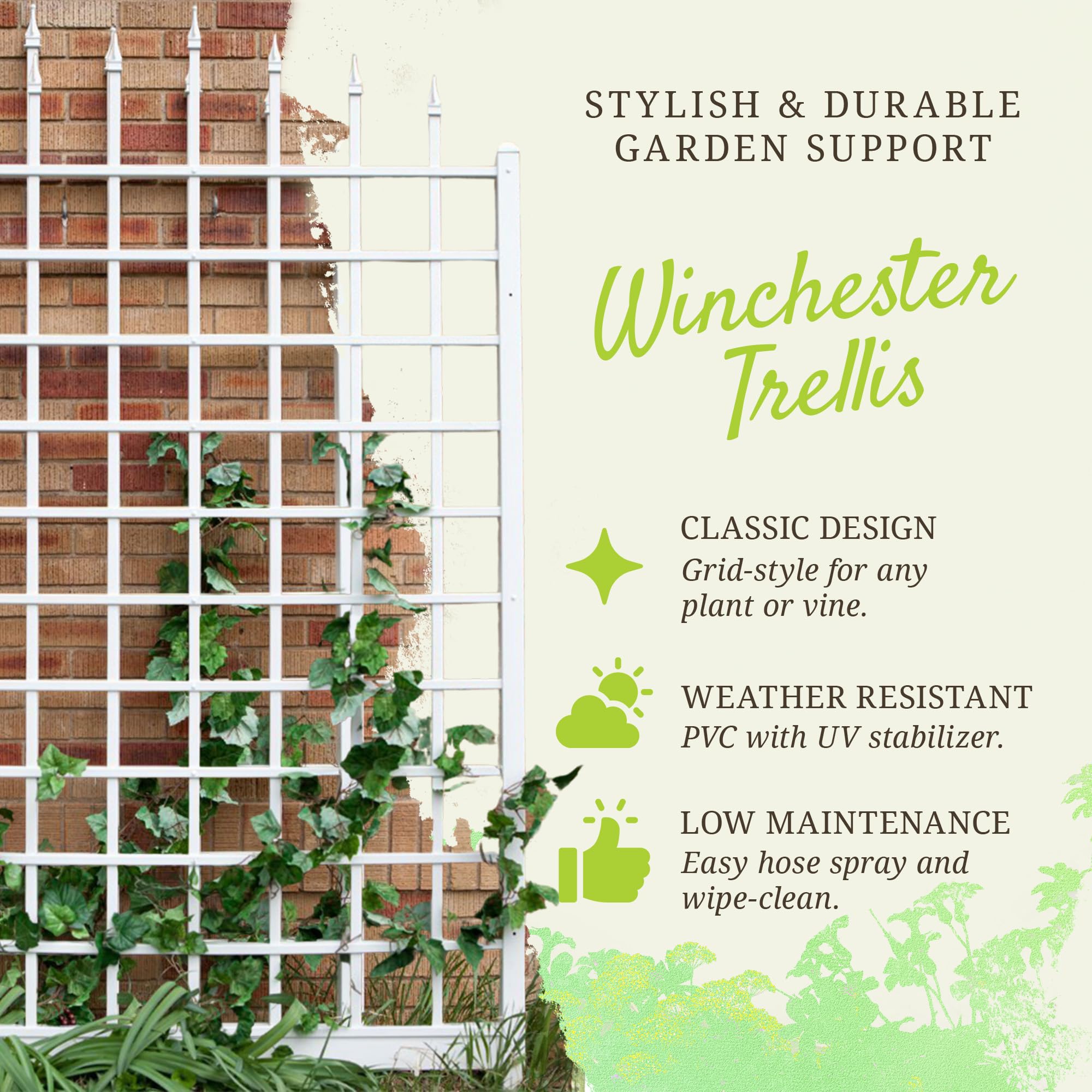 Dura-Trel Winchester Treillis en vinyle, cadre de support pour plantes d'extérieur, 144,8 x 241,3 cm, blanc – Treillis décoratif de style grille pour plantes grimpantes et fleurs, utilisation contre