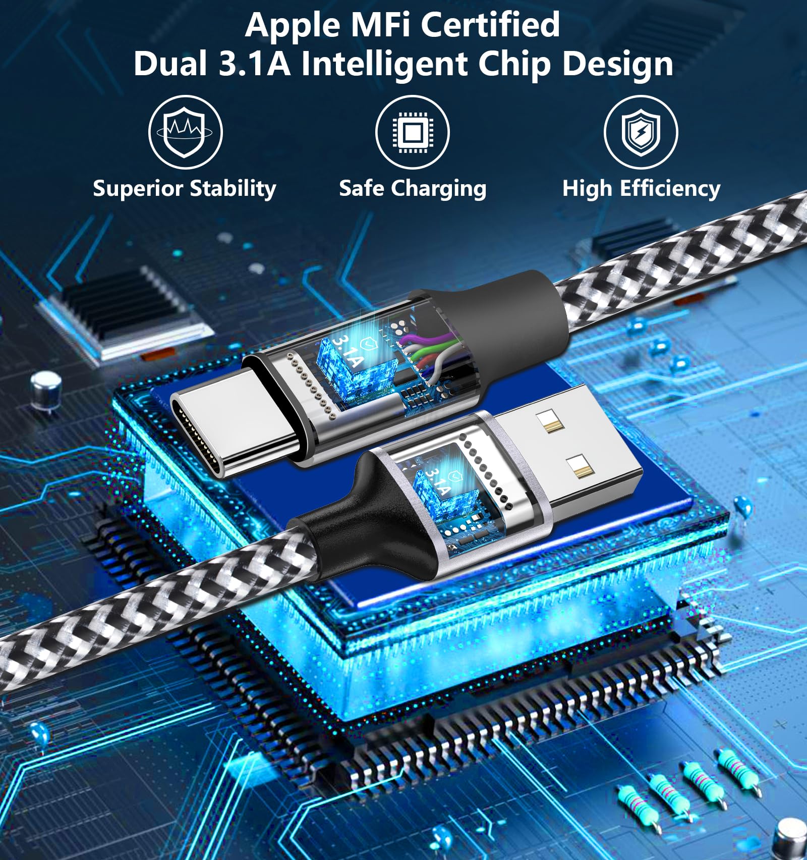 [Apple MFi Certified] iPhone 16 15 Fast Charging Cable, Adeqwat 3Pack 60W USB A to USB C Charge Braided Cable USB Type C Charger Cord for iPhone 16/16 Pro/16 Plus/16 Pro Max/15 Pro/15 Pro Max/iPad Pro