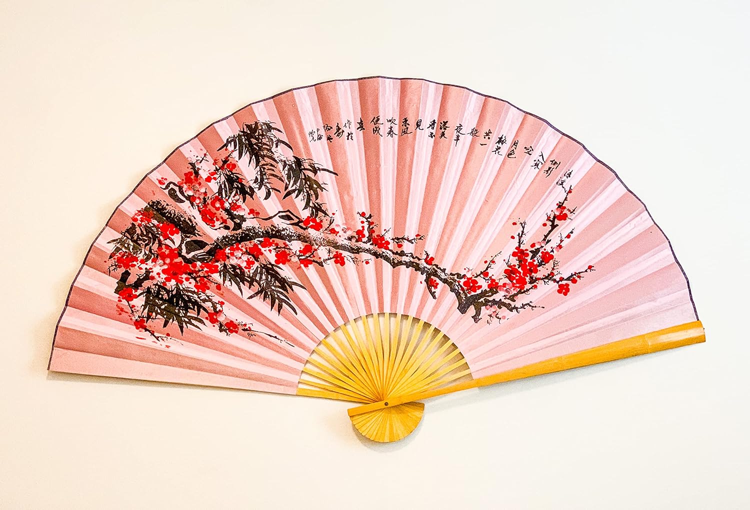 Large 60 * 35 in Oriental Wall Hanging Folding Fan in Red Plum Flower Painting with Pink Background Design
