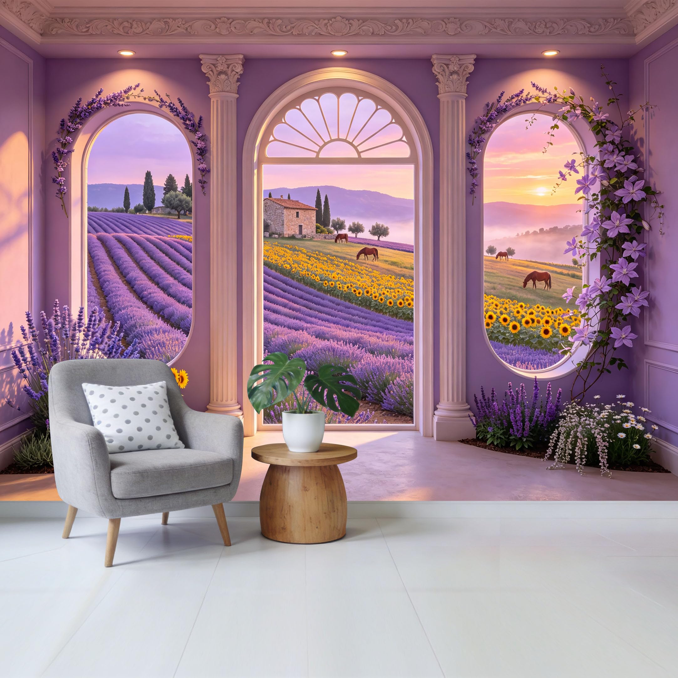 Removable Self Adhesive Fabric Mural， Tuscan Lavender Field Sunflower Landscape Custom Size Wall Covering， UV Protected Waterproof Washable Wall Decor for Living Room Bedroom Bathroom