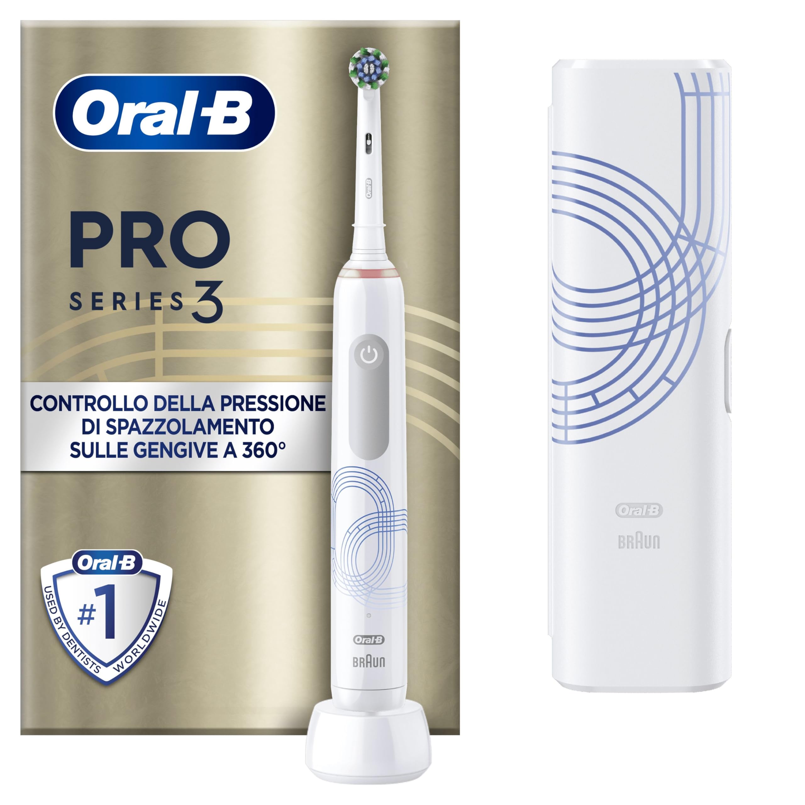 Oral-B Spazzolino Elettrico Ricaricabile Pro Series 3 Bianco, 1 Testina di Ricambio, 1 Custodia da Viaggio. 1 Spazzolino