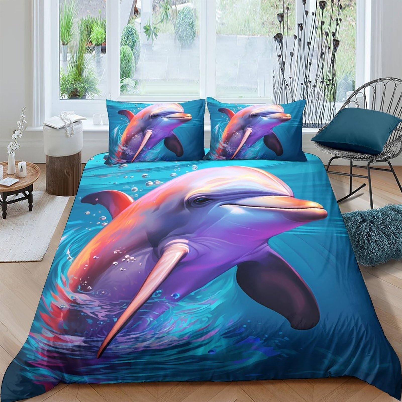 GPLZQXKJNH 3D Printed Dolphin Ocean Duvet Cover Microfiber Soft Breathable Sea Wave Bedding Set with 2 Pillowcases for Bedroom Decor Single（135x200cm）