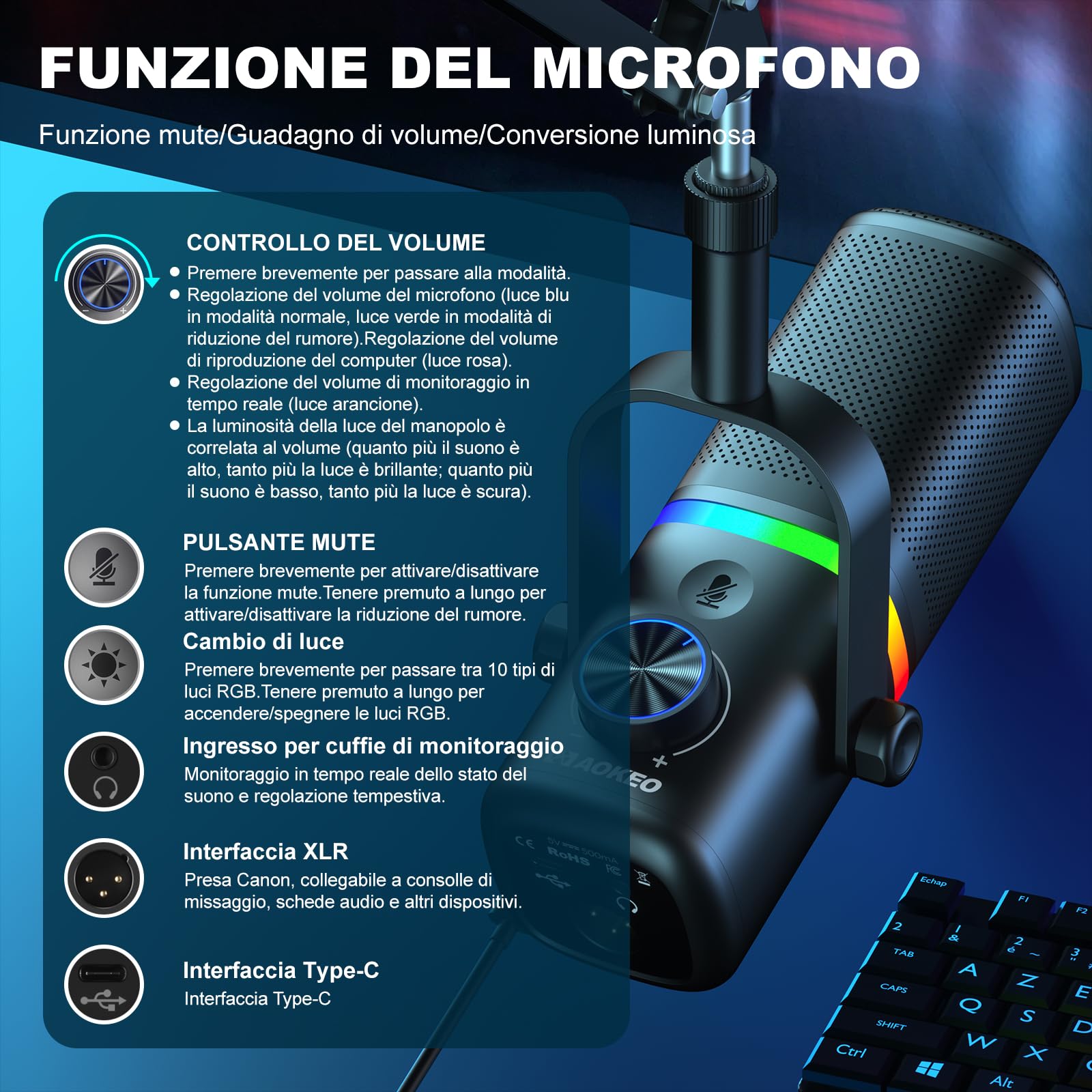 Aokeo AK-10 USB Gaming Microphone with Microphone Arm, Condenser Microphone for PC/MAC/PS4/PS5/Phone-Cardioid Mic with RGB Illumination (White)