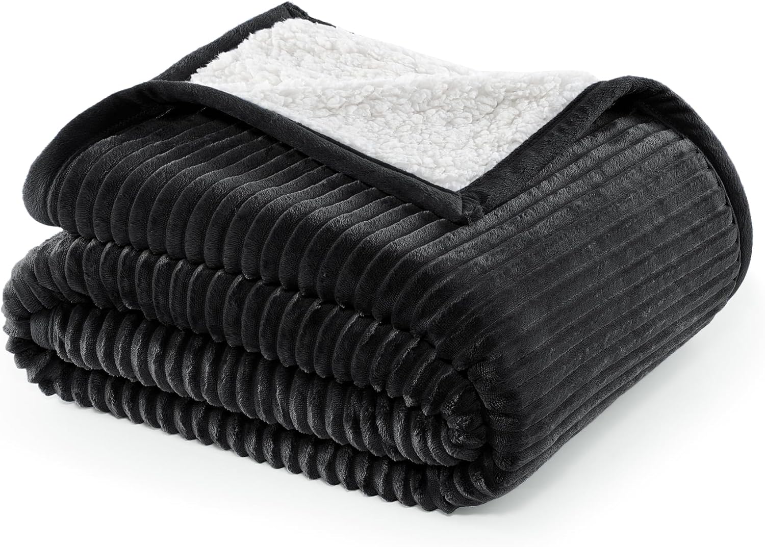 Corduroy Velvet Plush Ribbed Throw Blanket with Ultra-Soft Sherpa Reverse - Cozy Reversible Sofa & Bed Throw - All Season Décor (Jet Black, 50" x 60")