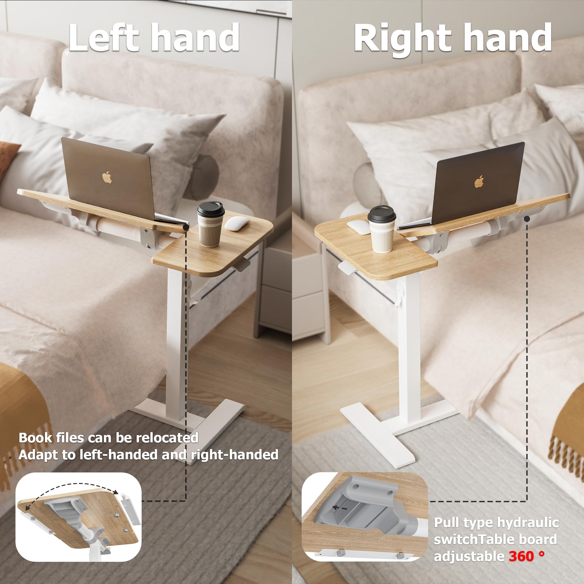 ETHU Laptoptisch Höhenverstellbarer, Multifunktionale Beistelltisch mit Neigbarer Arbeitsplatte und Eingelassenen Rollen, Mobiler Betttisch Ergonomischer Stehpult für Büro und Zuhause (Eiche)