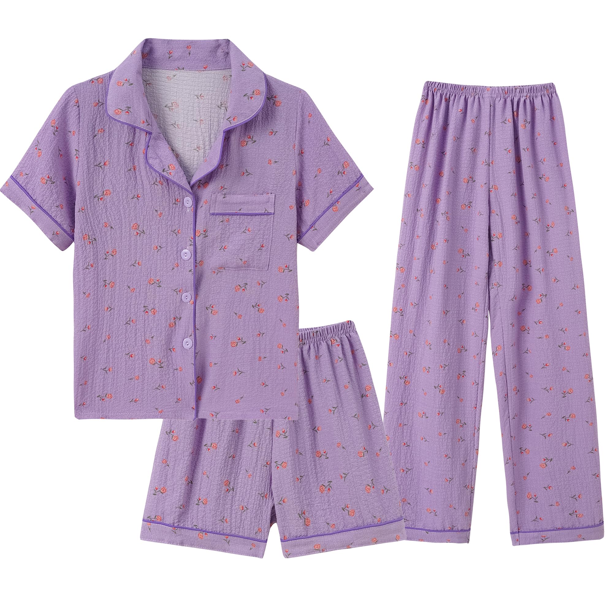 Hupohoi Big Girls Button Down Pajama Set 3pcs Crepe Fabric Sleepwear Nighty
