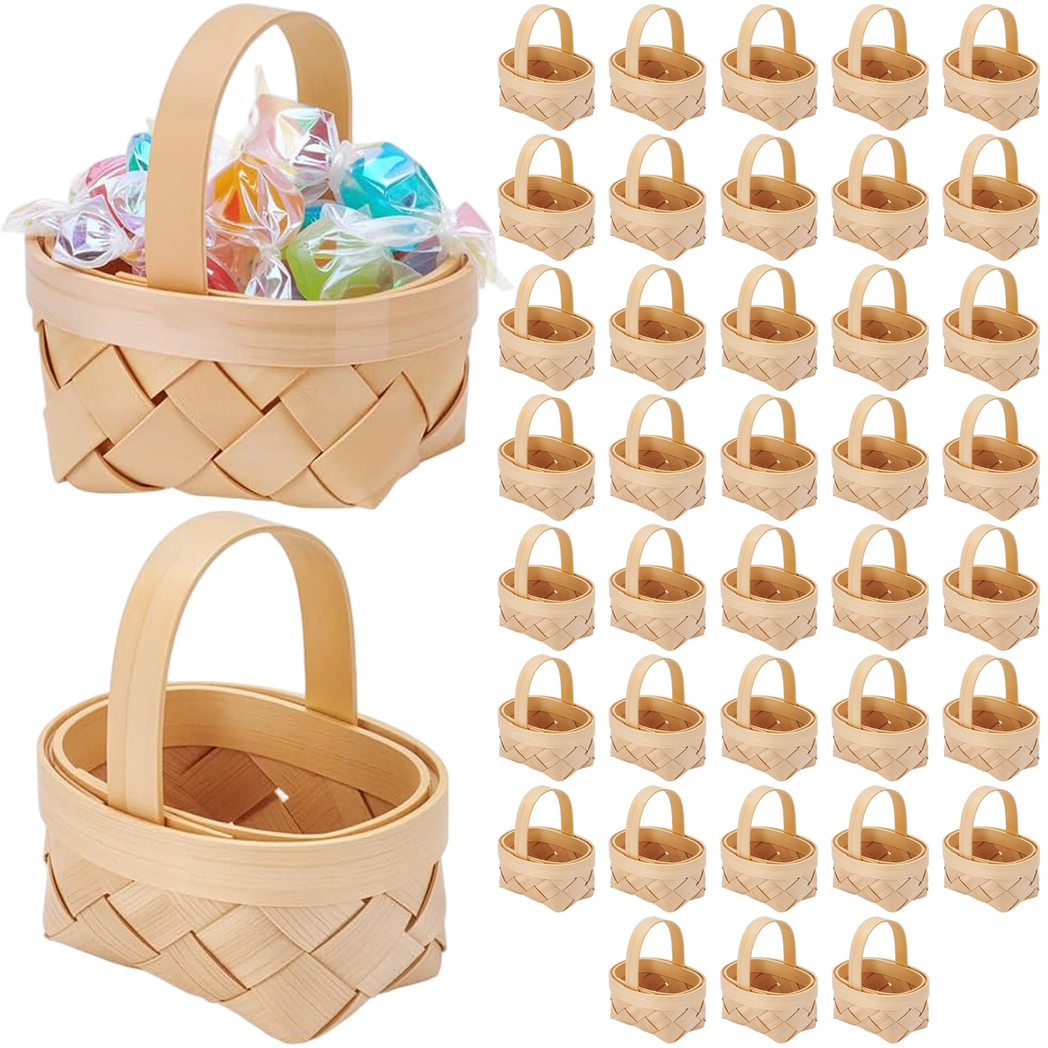 Bemonew 40 Pack Mini Baskets, Mini Woven Basket With Handles, Natural Wood Picnic Tiny Baskets For Party Favors, 2.56x1.97x1.57 Inch