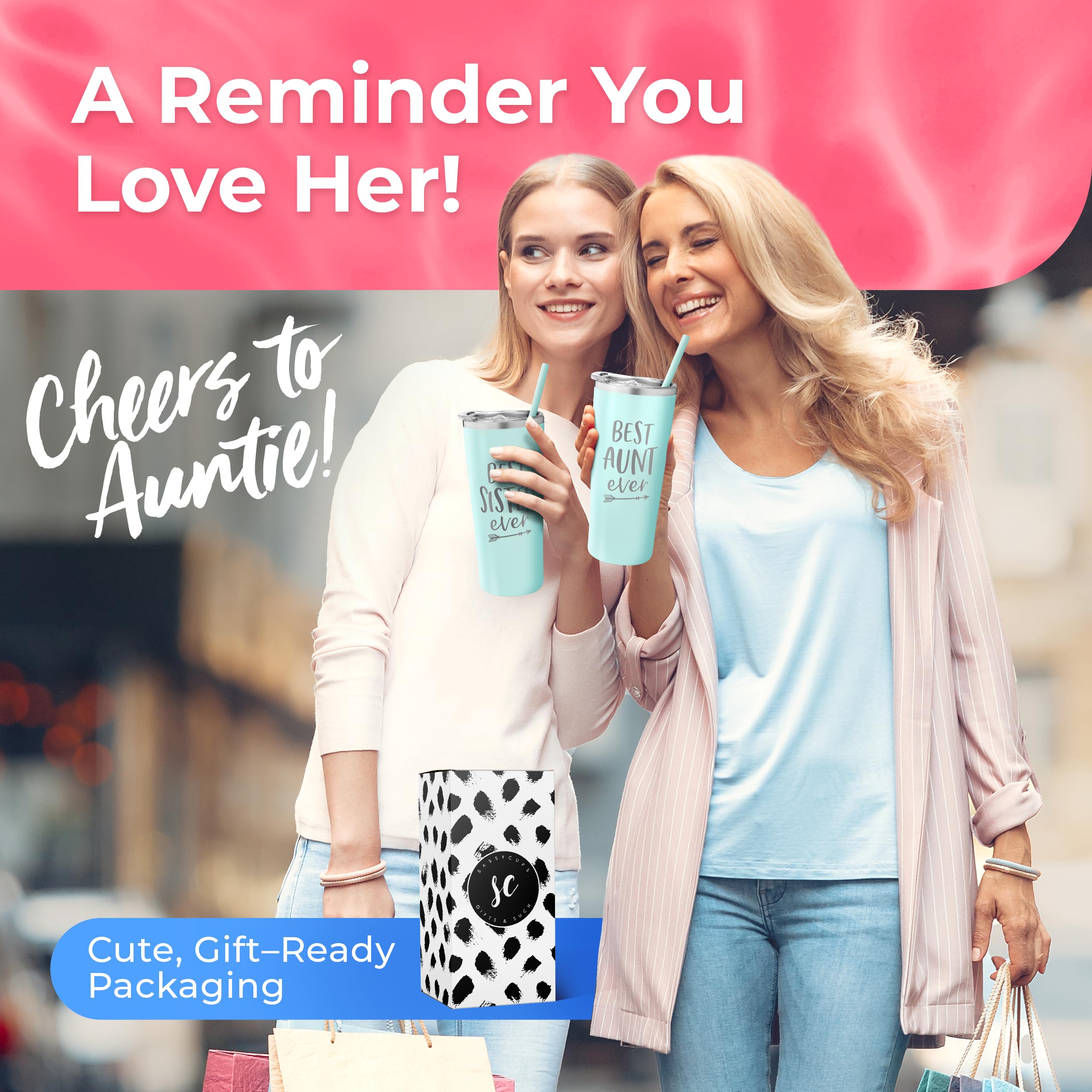 Best Aunt Ever Vaso personalizado de acero inoxidable, taza aislada con bonito diseño, tapa de cierre deslizante con pajita, día de San Valentín, regalo para la mejor tía