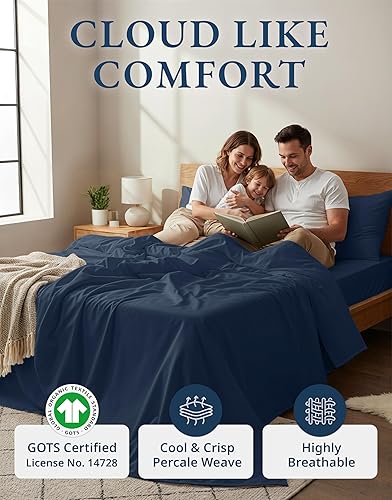 Miniatura 2 de LANE LINEN - Juego de sábanas de 4 piezas 100 % algodón orgánico percal puro Queen, ropa de cama suave transpirable para colchones de hasta 15