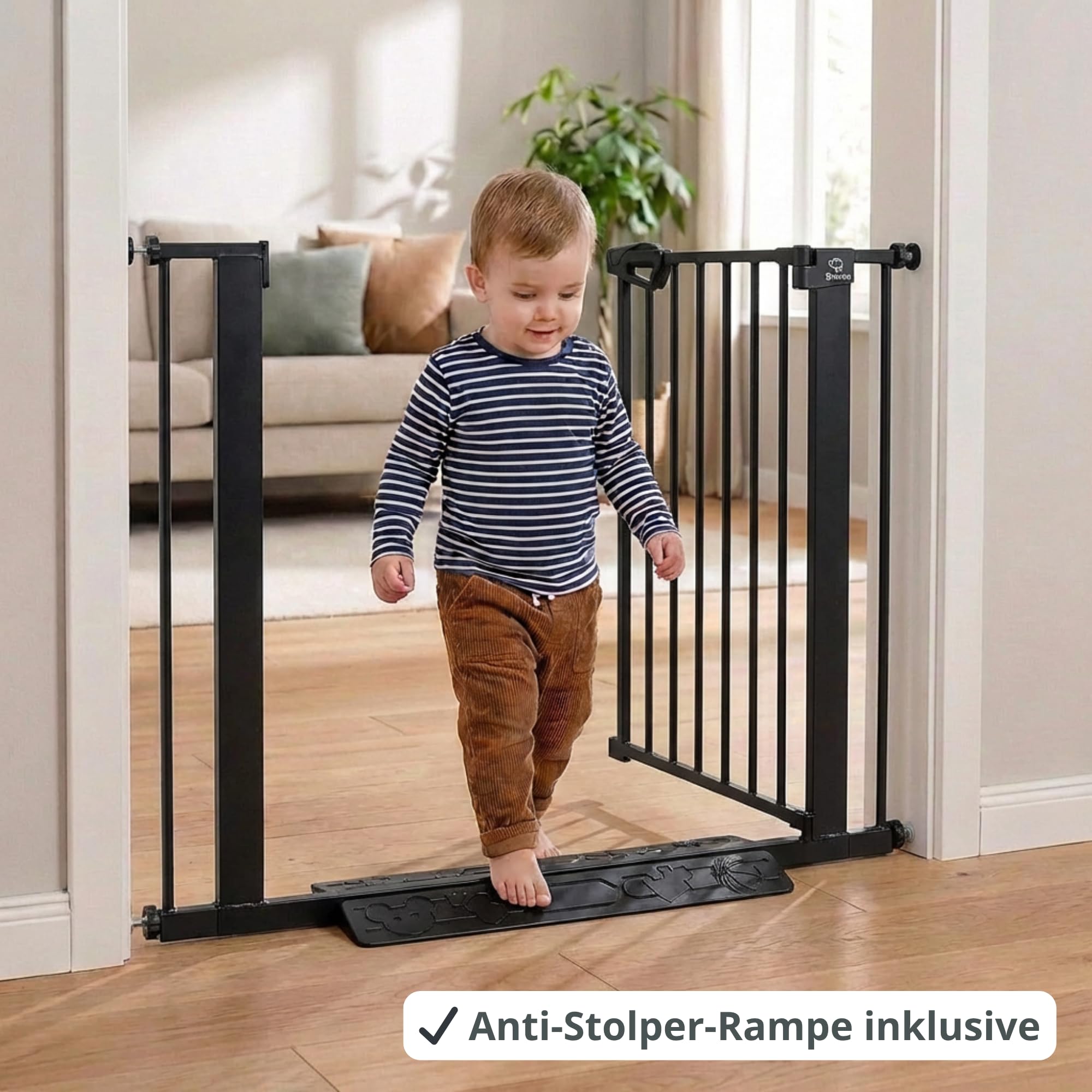 Babygitter Tür ohne Bohren – BALU Tür- & Treppenschutzgitter 152-159 cm, Auto-Close & Safety-Lock Rot/Grün, inkl. Anti-Stolper-Rampe, Türschutzgitter erweiterbar bis 166 cm