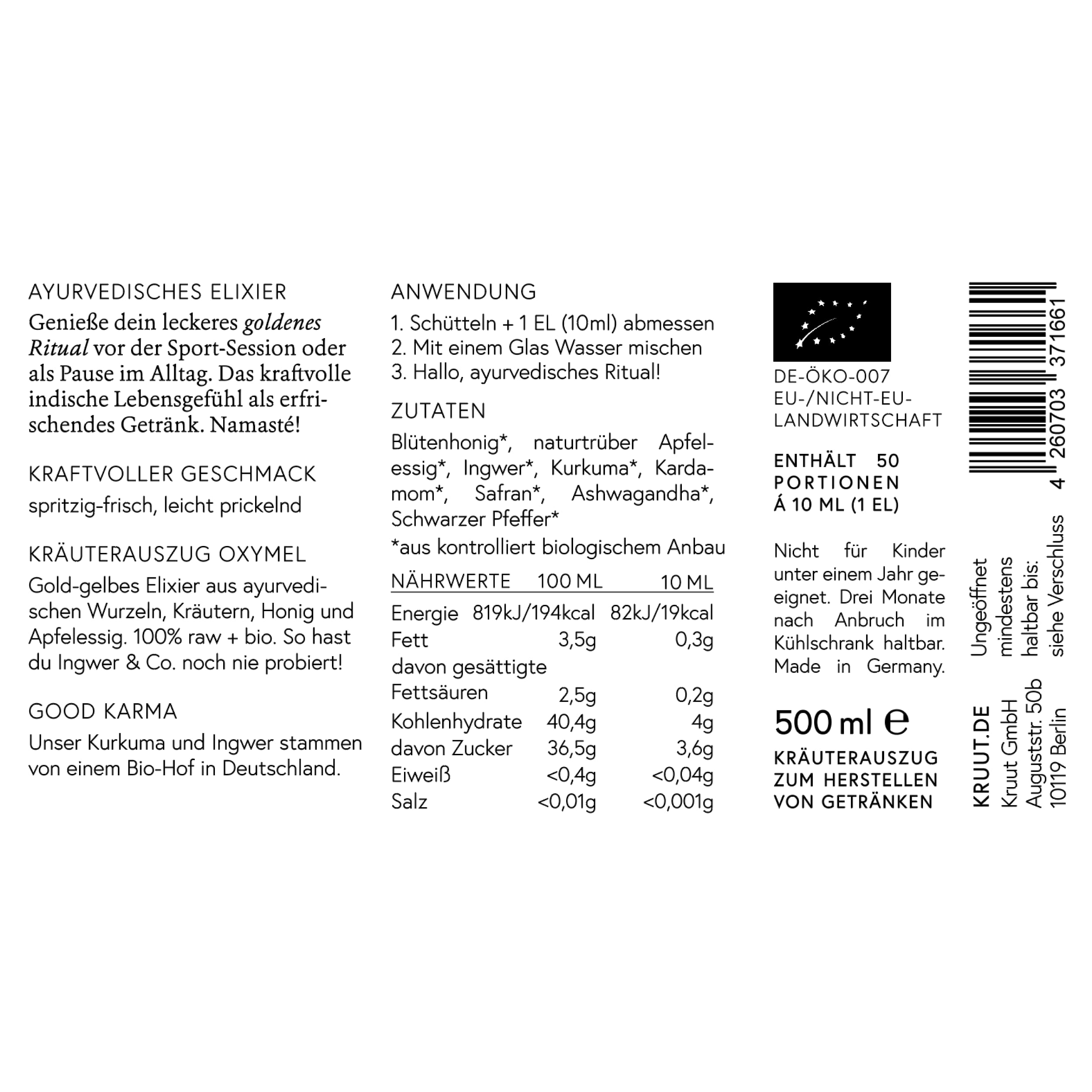 Kruut – Ayurveda Kräuterauszug bio 500ml – Goldenes Elixier aus kraftvollen Kräutern – Ingwer, Kurkuma, Kardamom, Safran & mehr – Oxymel Tinktur Kräuterdrink Sirup Kur