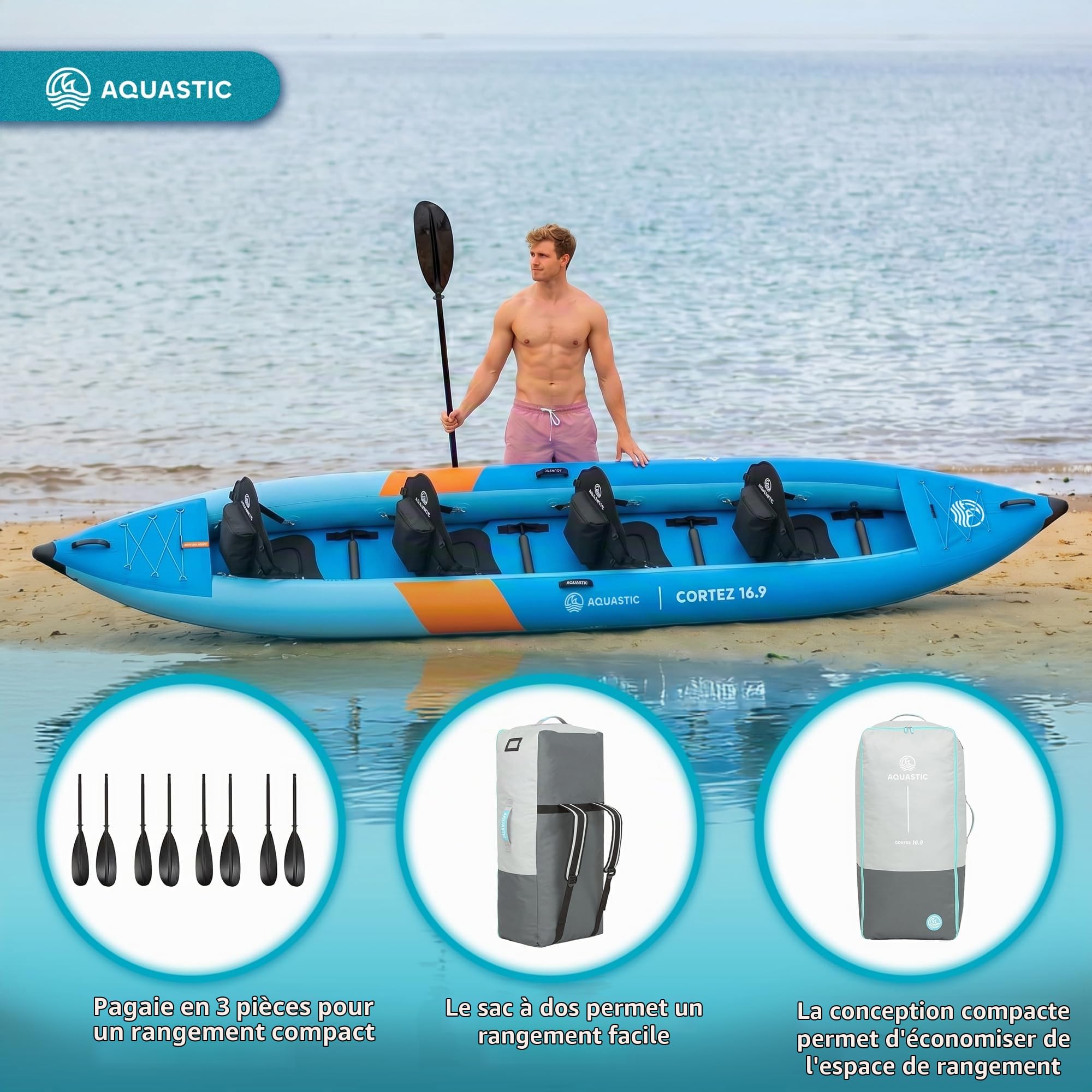 AQUASTIC Cortez 16'9 Kayak hybride gonflable pour 4 personnes jusqu'à 340 kg