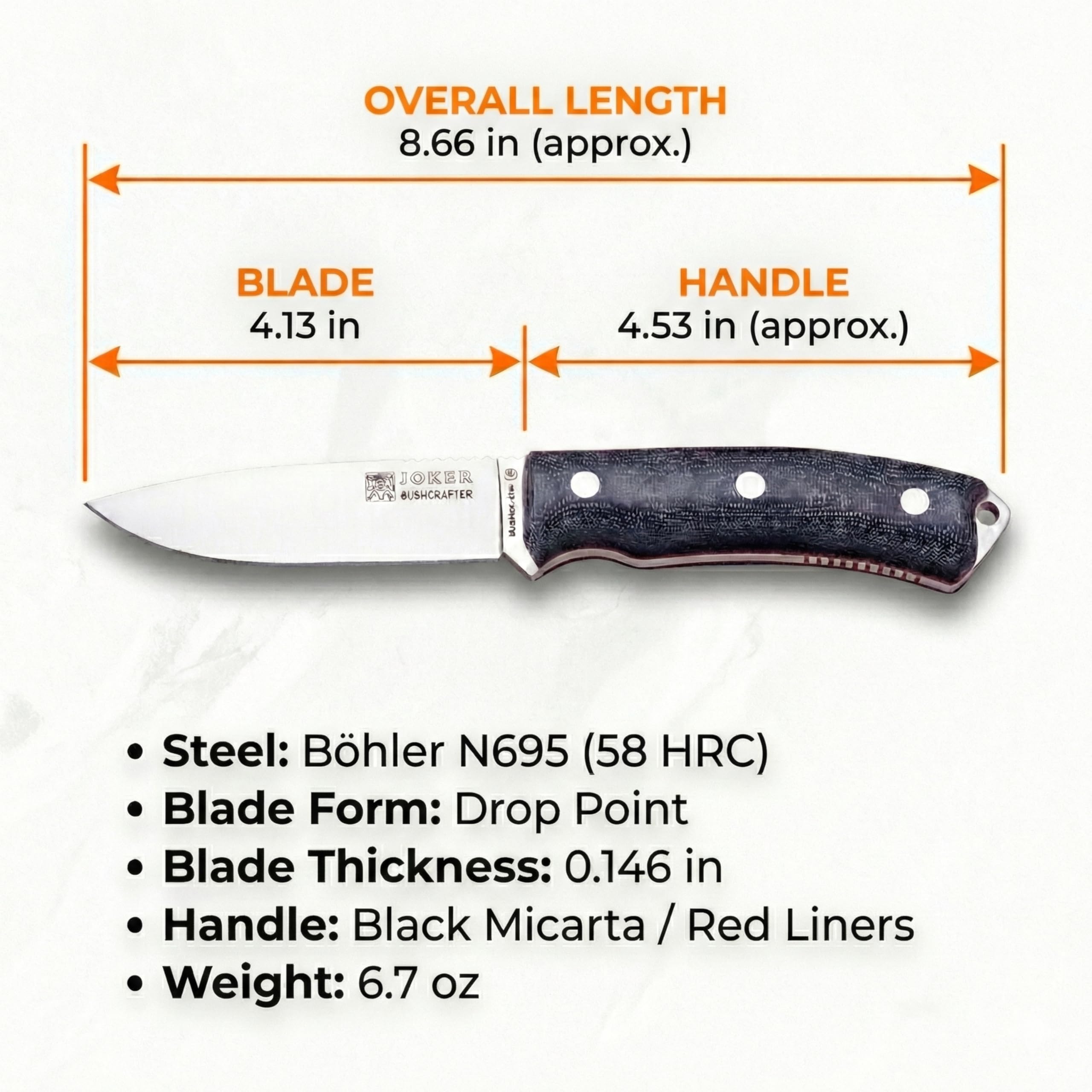 Joker Bushcraft Bushcrafter Nóż survivalowy CM120, czarna skórzana osłona, ostrze 10,5 cm ze stali Böhler N695, czarny uchwyt Micarta, narzędzie do wędkowania, polowania, biwakowania i wędrówek