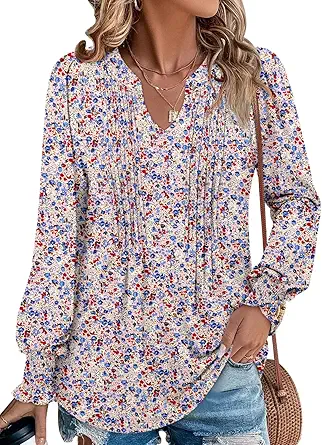 BETTE BOUTIK Long Sleeve Shirts for Women Fall Tops Dressy Blouses Pleated V Neck Tunic Tops for Leggings S-3XL