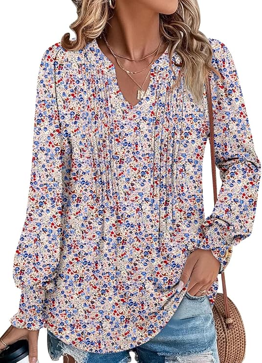 BETTE BOUTIK Long Sleeve Shirts for Women Fall Tops Dressy Blouses Pleated V Neck Tunic Tops for Leggings S-3XL