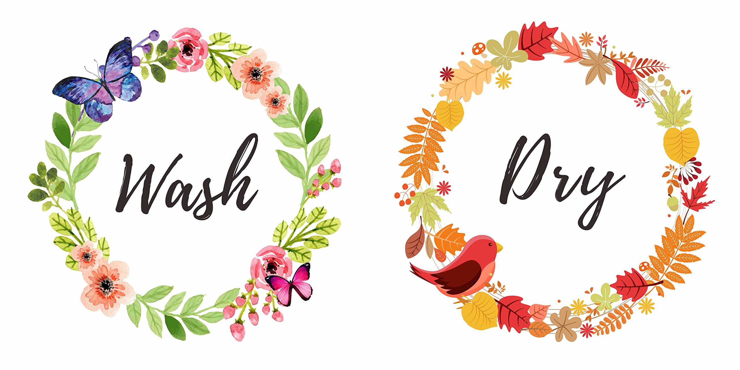 Garland Flower Wash Dry Decals for Washer Dryer, Floral Modern Trendy Washer Quote Sticker,Vinyl Removable Waterproof Cling for Laundry Room Washing