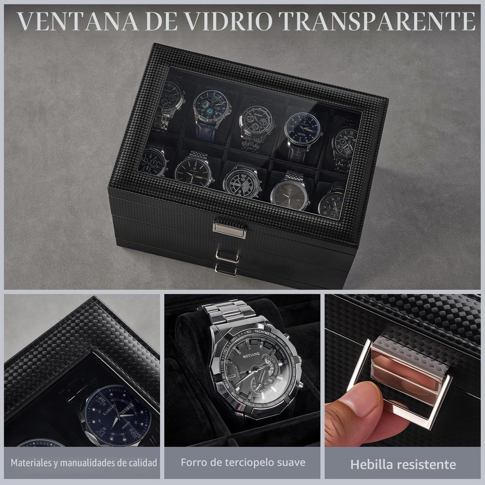ProCase Organizadora para Relojes para Hombre, 20 Ranuras Caja Organizadora de Joyería de 3 Capas con Cajón Estuche de Almacenaje con Tapa de Cristal Vitrina Expositor -Negro Puro