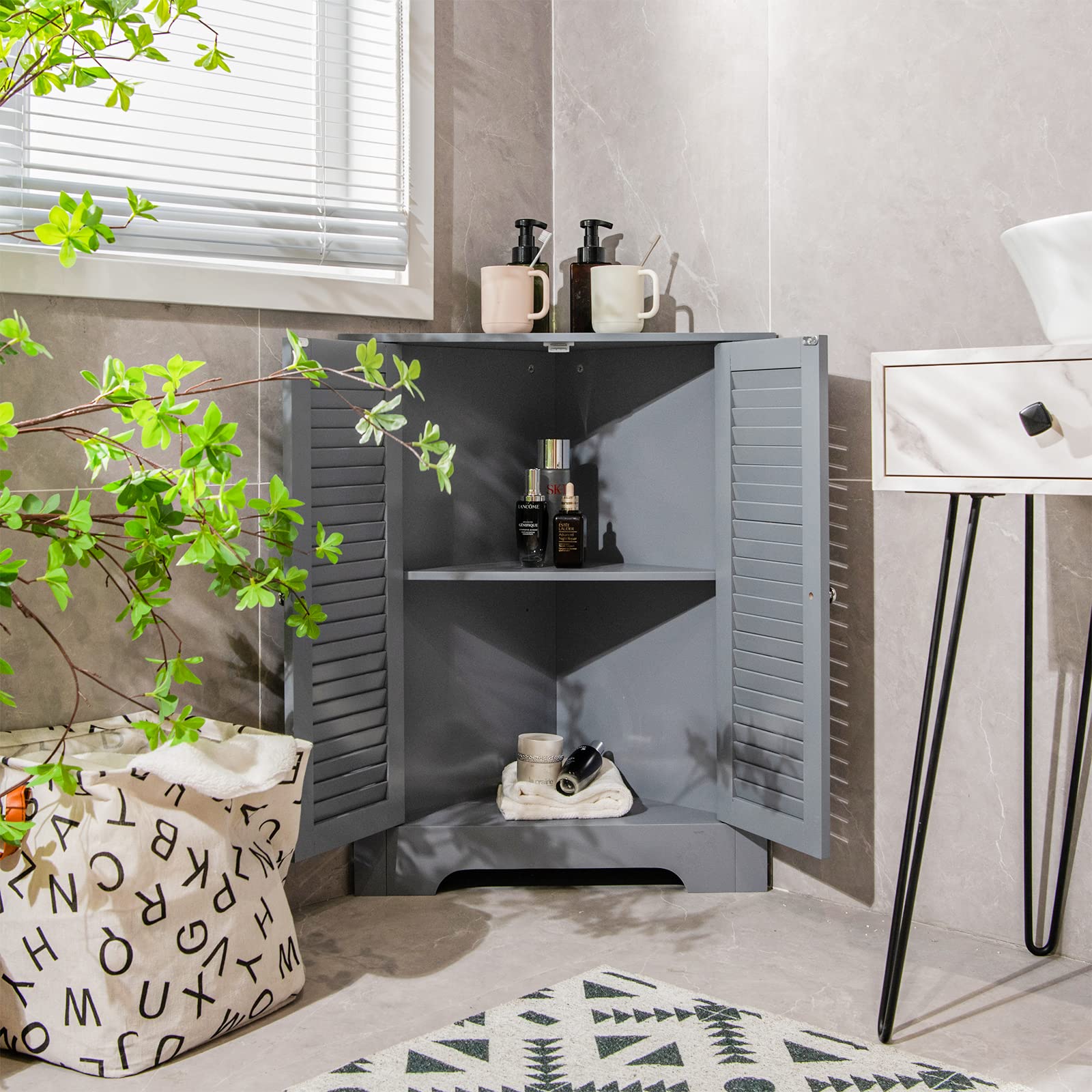 COSTWAY Badezimmerschrank Ecke, Eckschrank Bad mit 2 Lamellentür, Badschrank Unterschrank Holz, Aufbewahrungsschrank für Badezimmer, Küche, Wohnzimmer, 45 x 45 x 81,5 cm, grau