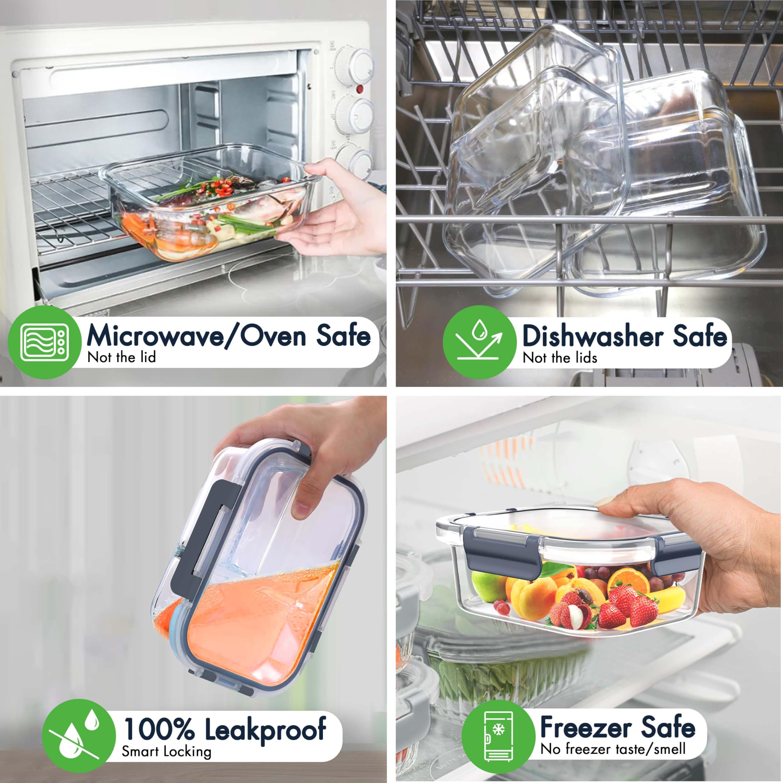 Glasbehälter für Mahlzeiten, luftdicht, BPA-frei, mikrowellen-, gefrier- und spülmaschinenfest, mit Deckel, 1000 ml, 4 Stück