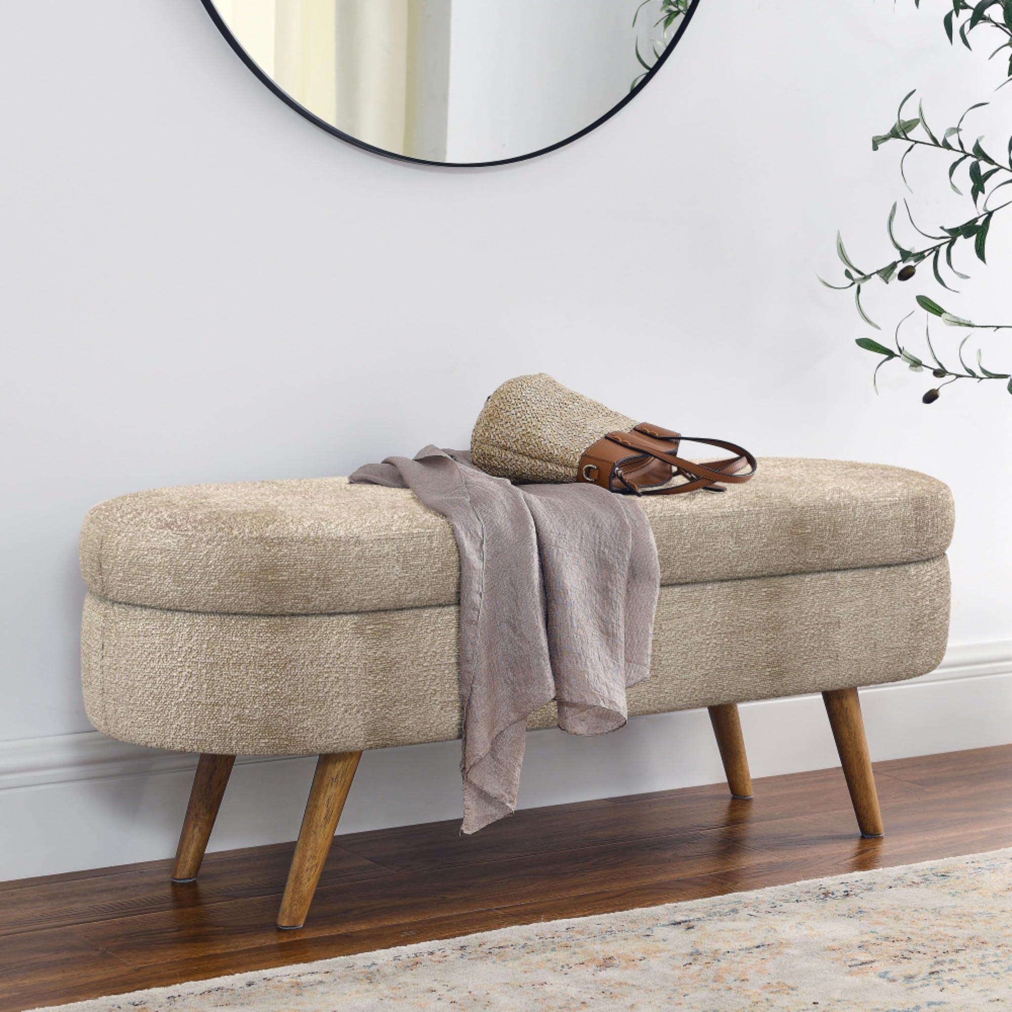 Oval Storage Ottoman Bench with Hidden Storage and Foam Padded Seat, Upholstered Entryway Footstool with Rubber Wood Legs, Decorative Bedroom End of Bed Accent Furniture for Living Room (Brown)