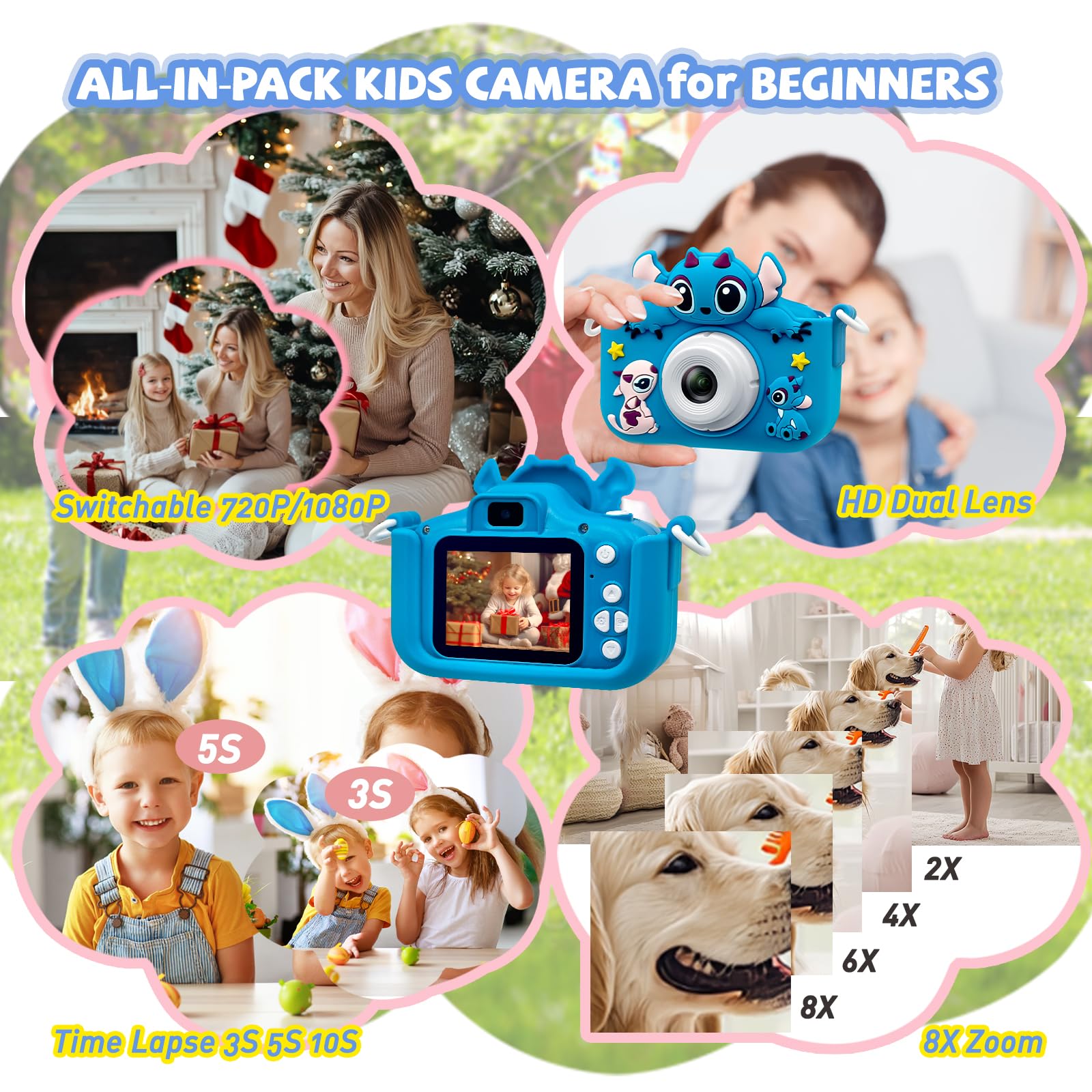 Cámara digital para niños pequeños, cámara de juguete para niñas pequeñas de 3, 4, 5, 7+ años, regalos de cumpleaños para niños, cámara digital de 40 MP de doble lente 1080P HD video selfie cámara con 4