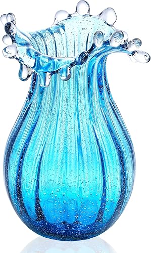 Jarrón vintage de vidrio soplado con asa, jarrones azules de 8.5 pulgadas para decoración del hogar, jarrones de vidrio artístico para flores,