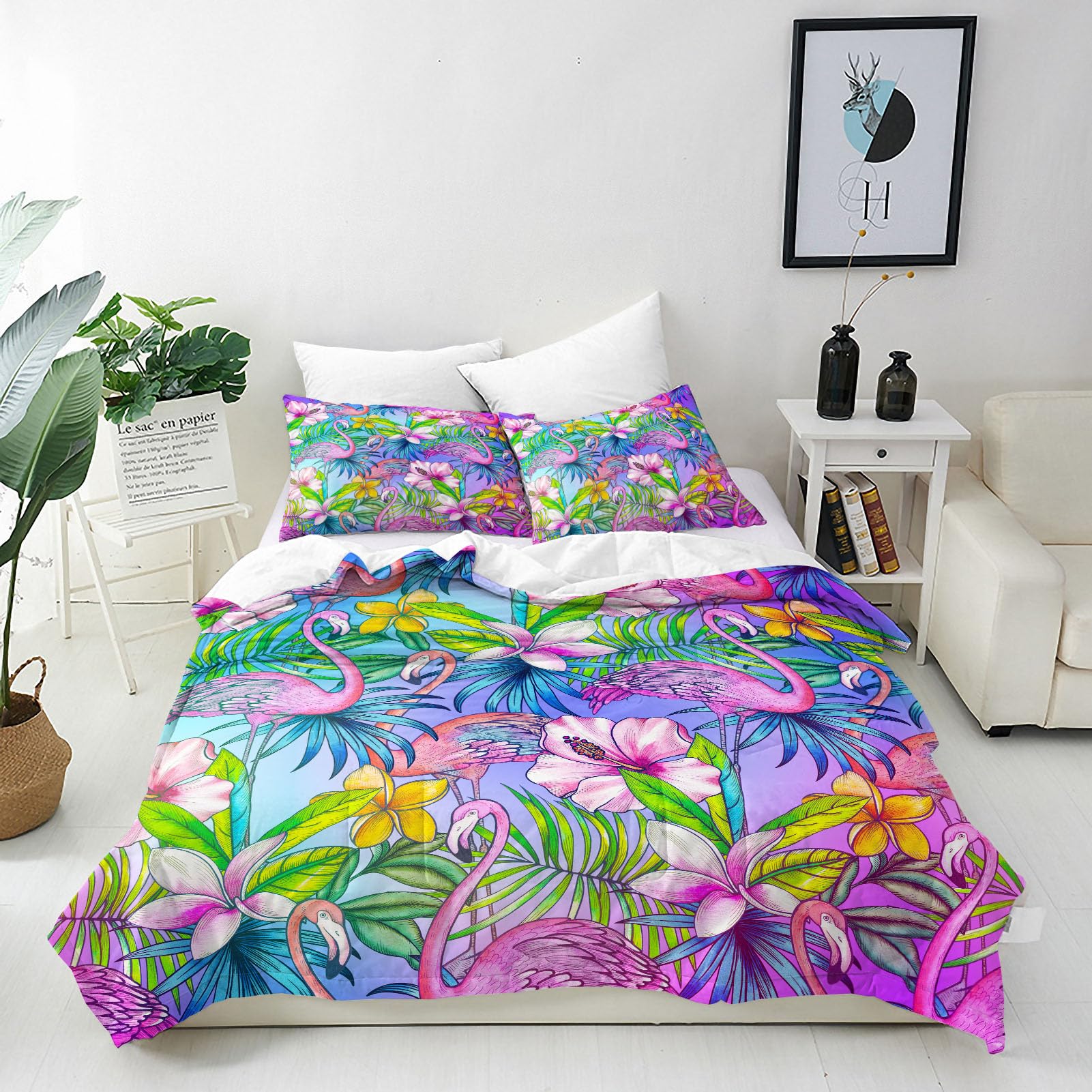 ANHOPE Flamingo Duvet Cover Set Soft Lightweight Microfibre Quilt Cover with 2 Pillowcase Neon Tropical Botanical Flower Print Pattern 3 Pcs Bedding Set with Zipper Closure Single 135 x 200 cm โ image 1