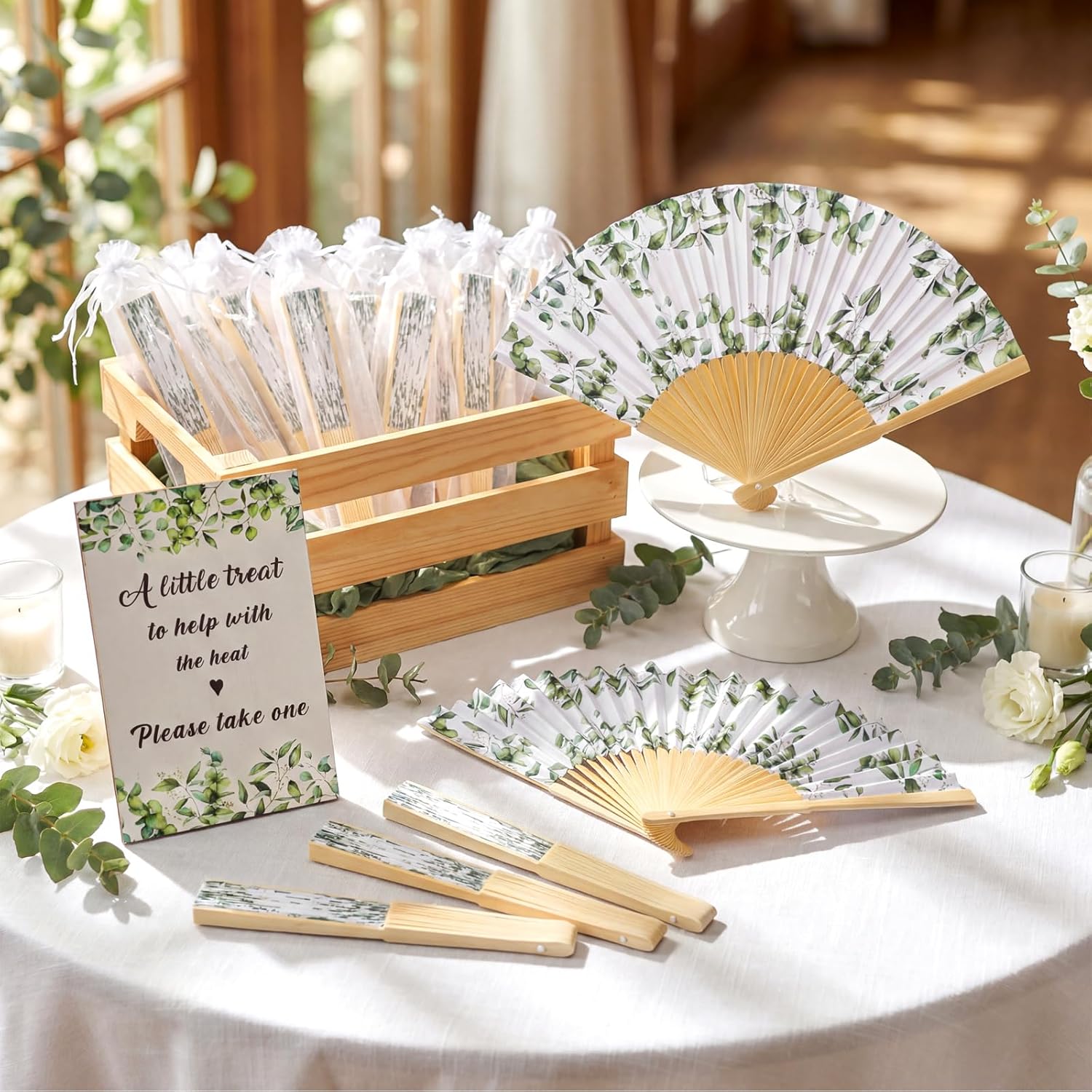 Leinuosen 51 Pcs Wedding Favors for Guests Bulk 25 Wedding Foldable Hand Fans Eucalyptus Leaves Handheld Paper Fans with 25 Organza Bags and a Table Sign for Bridal Shower Favor Appreciation