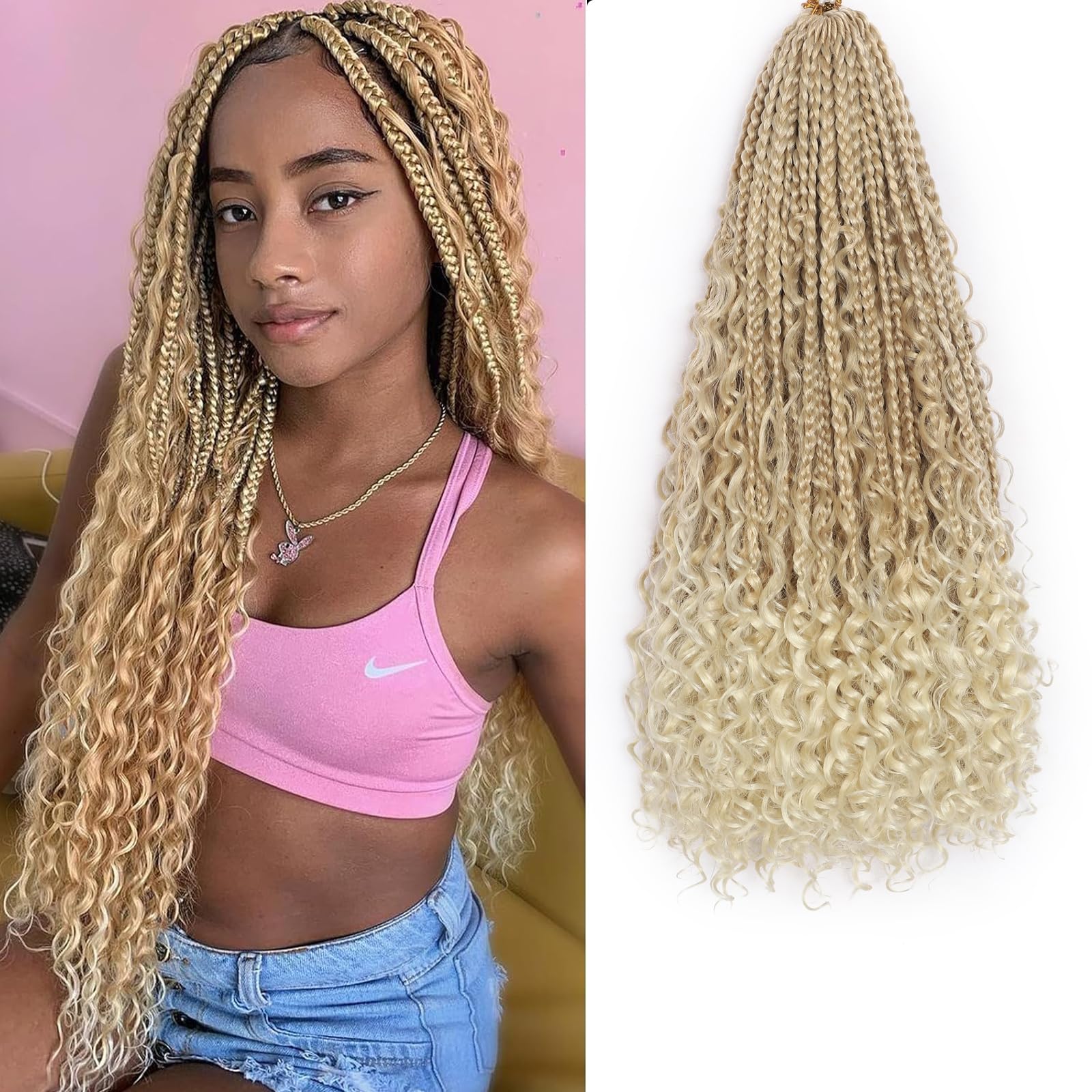 Flagship Goddess Box Braids Crochet Hair 18 Inch 9 Packs Boho Crochet Braids with Curly Ends,Bohomian Pre looped Box Braids Crochet Hair for Black Women-27/613