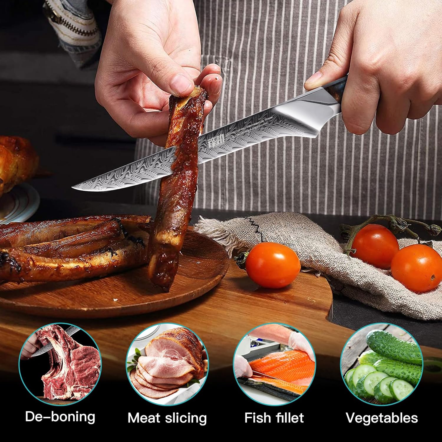 FINDKING Nebula Series Boning Knife, Versatile Deboning Knife, 10Cr15CoMov Damascus Steel Blade, Resin and Figured Sycamore Handle, Full Tang, 5.5 Inch, Blue, for Skinning, Removing Fat, Filleting